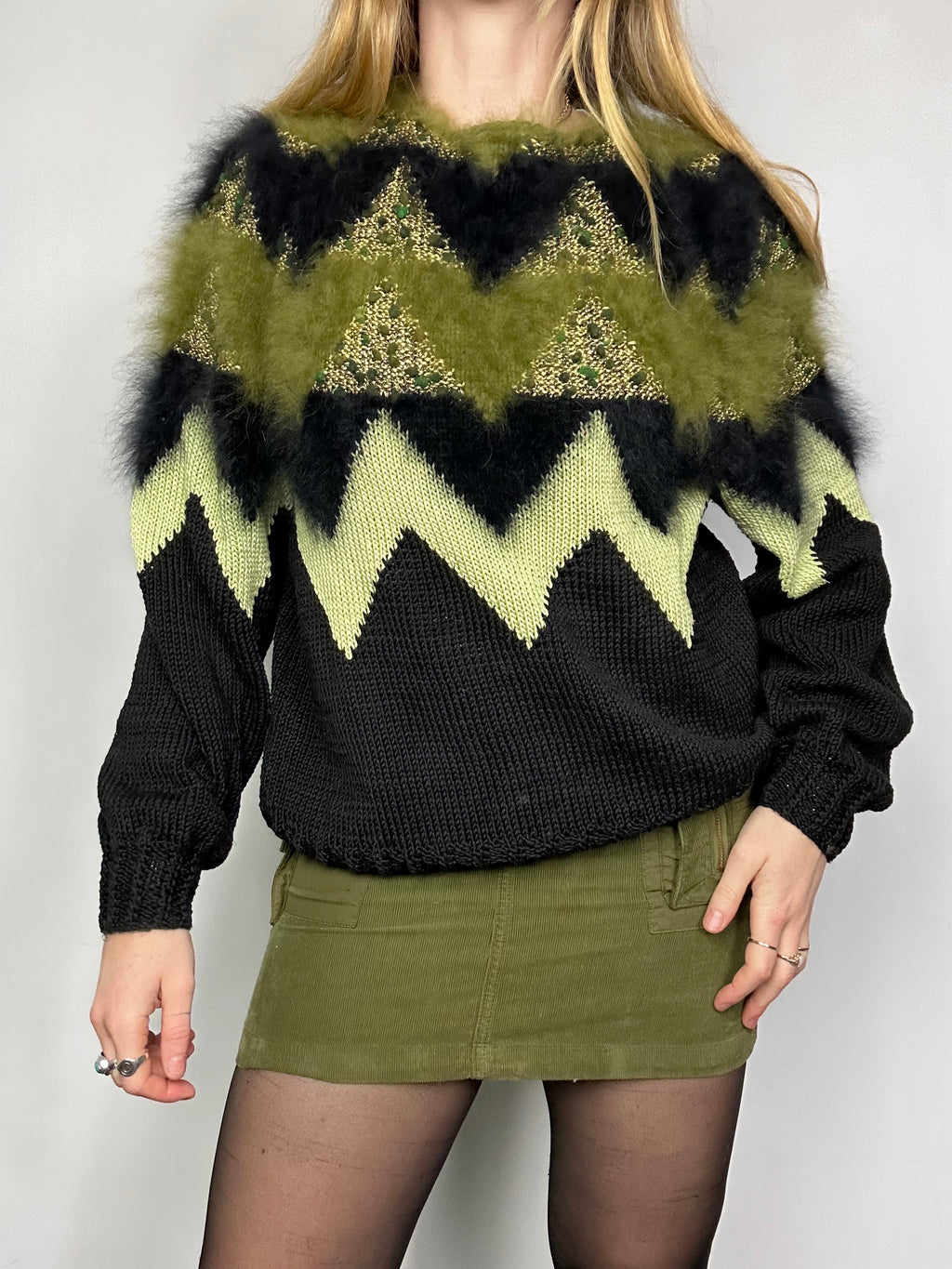 Green And Black 80's Sweater Size S/M