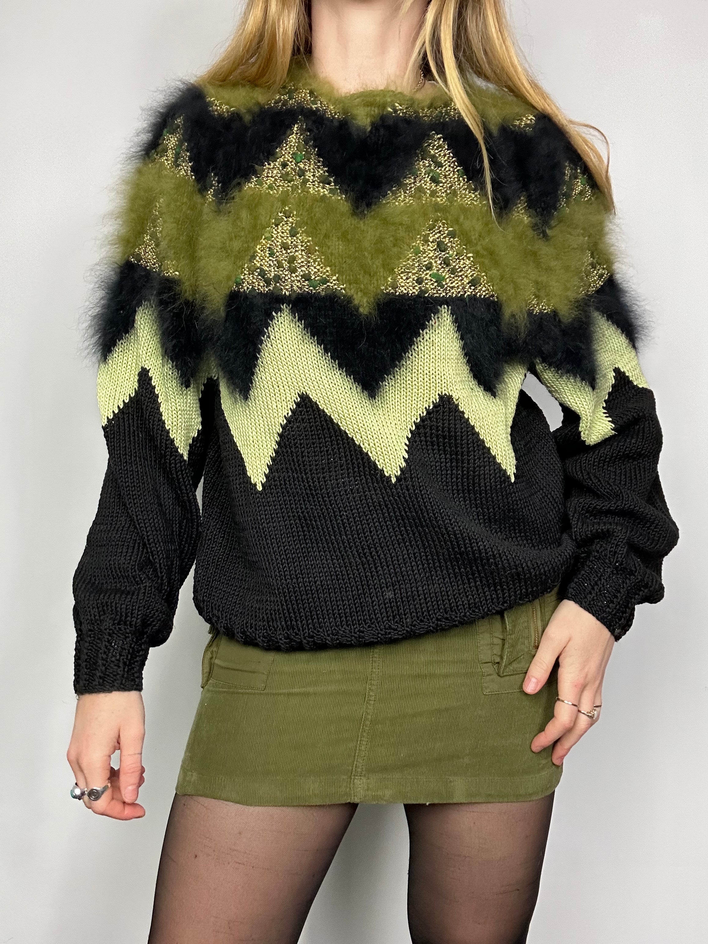 Green And Black 80's Sweater Size S/M