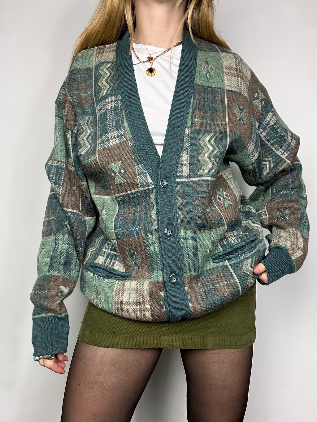 Green Teal V Neck Knit Cardigan Size L