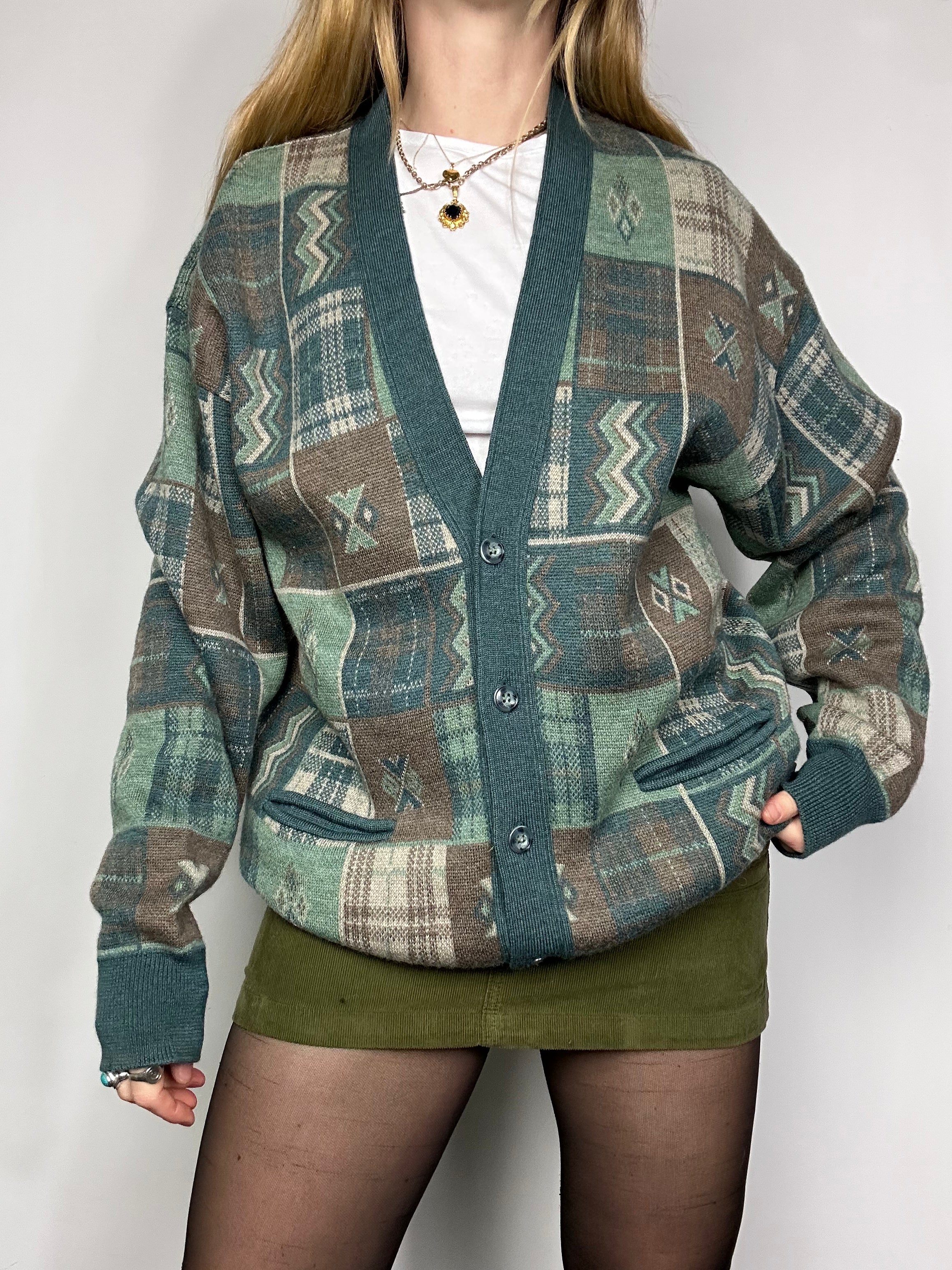 Green Teal V Neck Knit Cardigan Size L