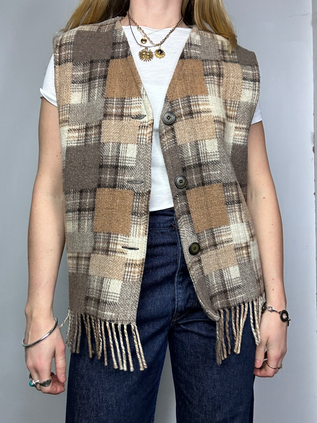 Wool Tartan Fringed Waistcoat Size M