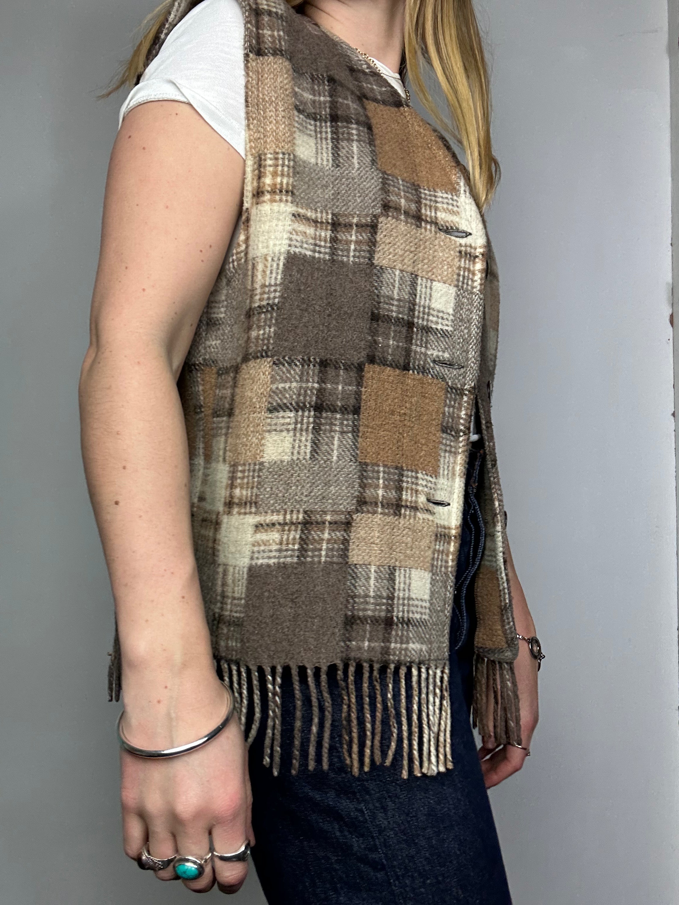 Wool Tartan Fringed Waistcoat Size M