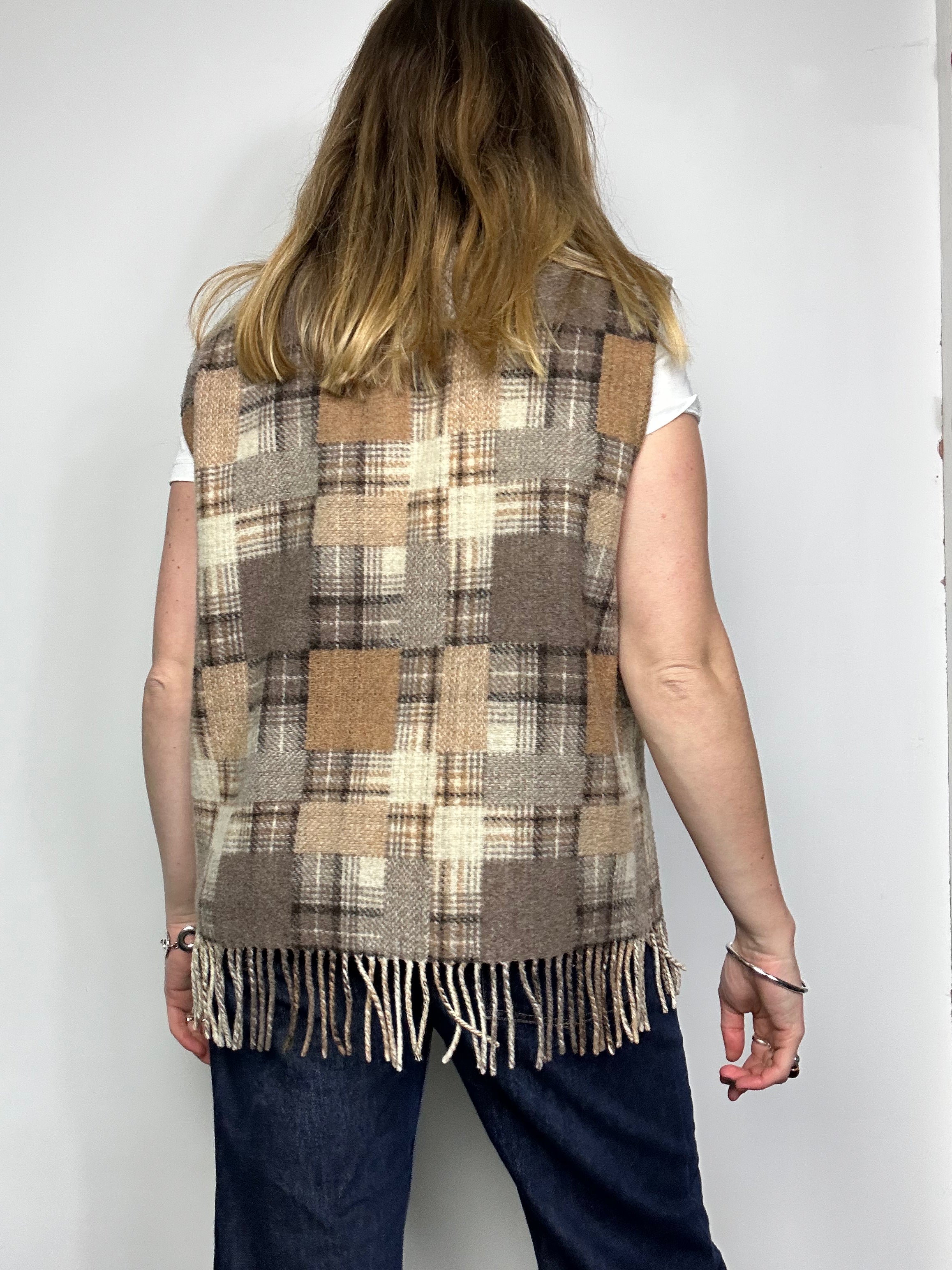 Wool Tartan Fringed Waistcoat Size M