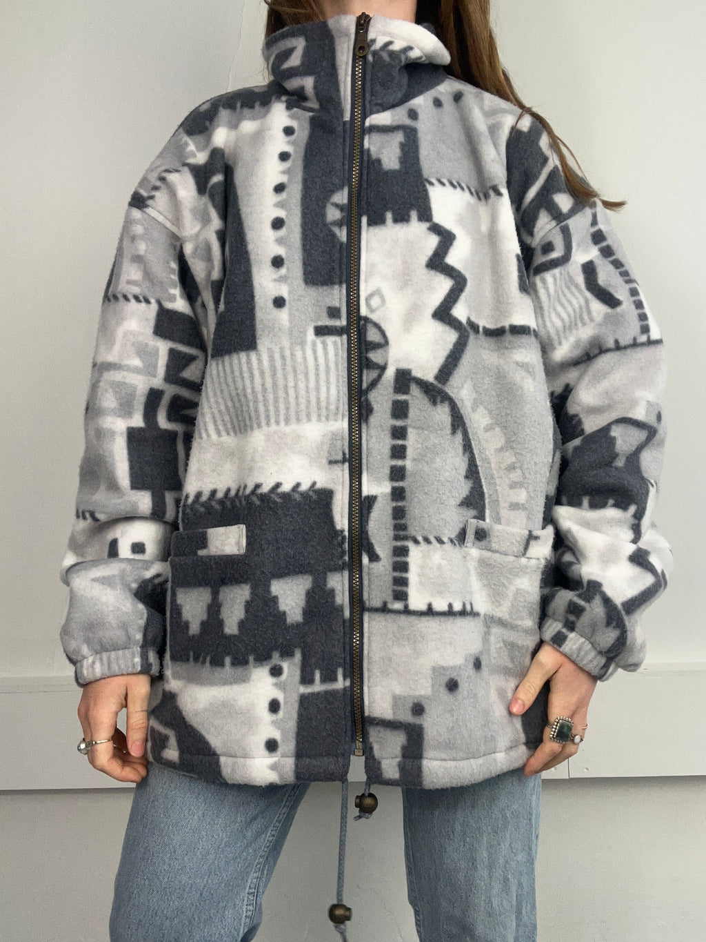Grey 80's Aztec Fleece Jacket Size Xl