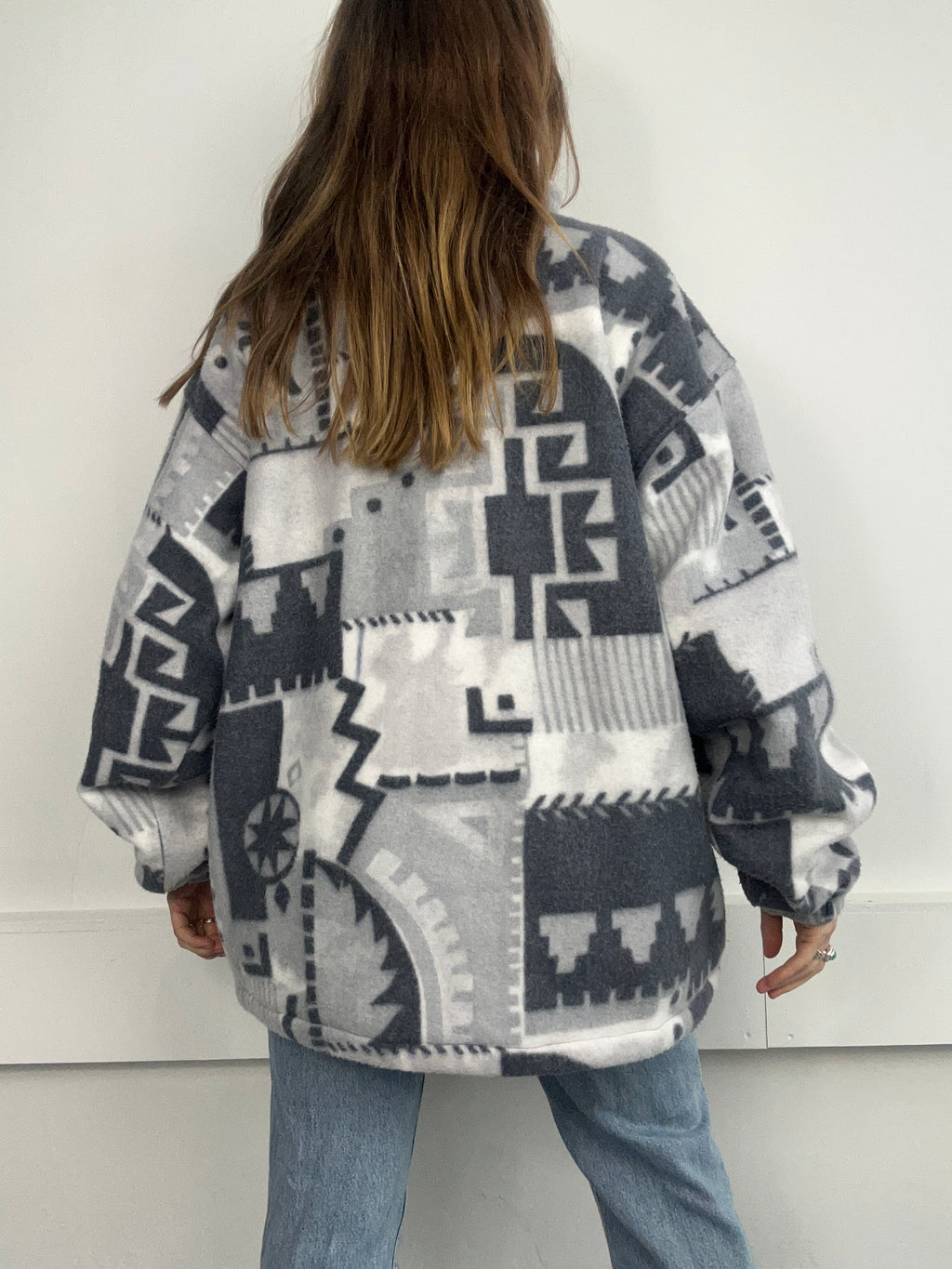 Grey 80's Aztec Fleece Jacket Size Xl
