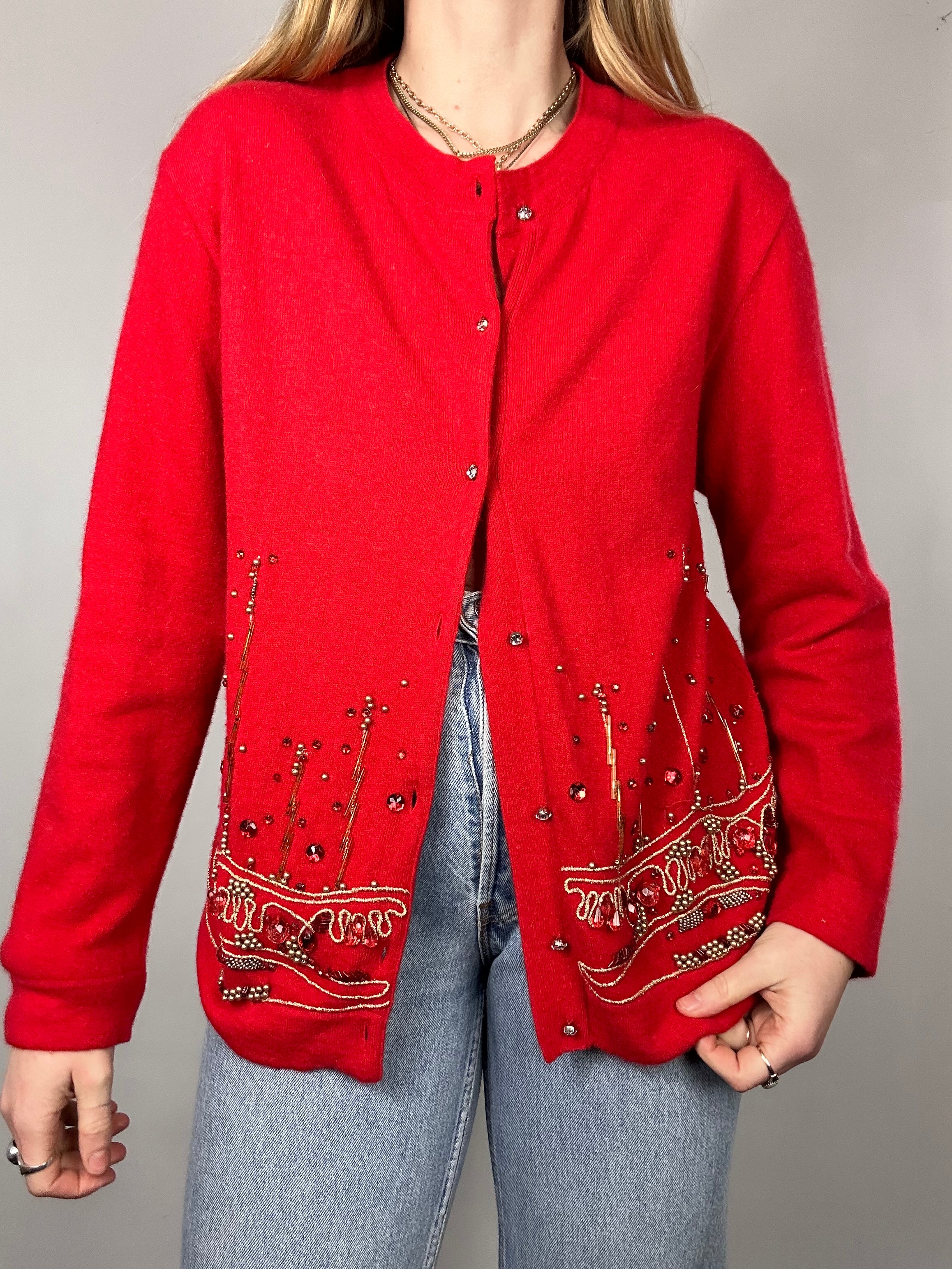 Red Knit Beaded Cardigan Size 10