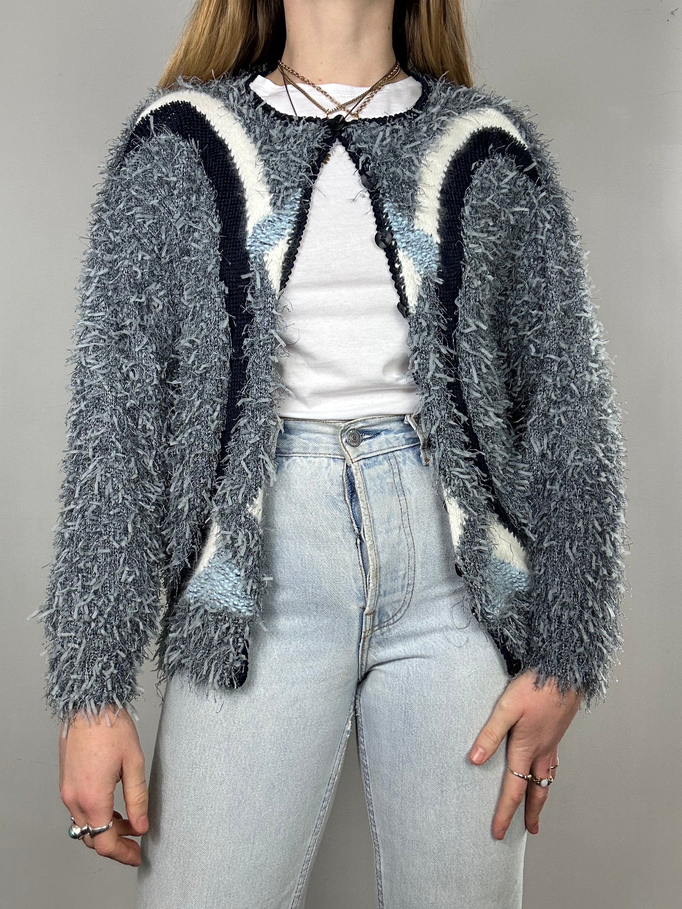 Grey Fluffy 80's Cardigan Size 10