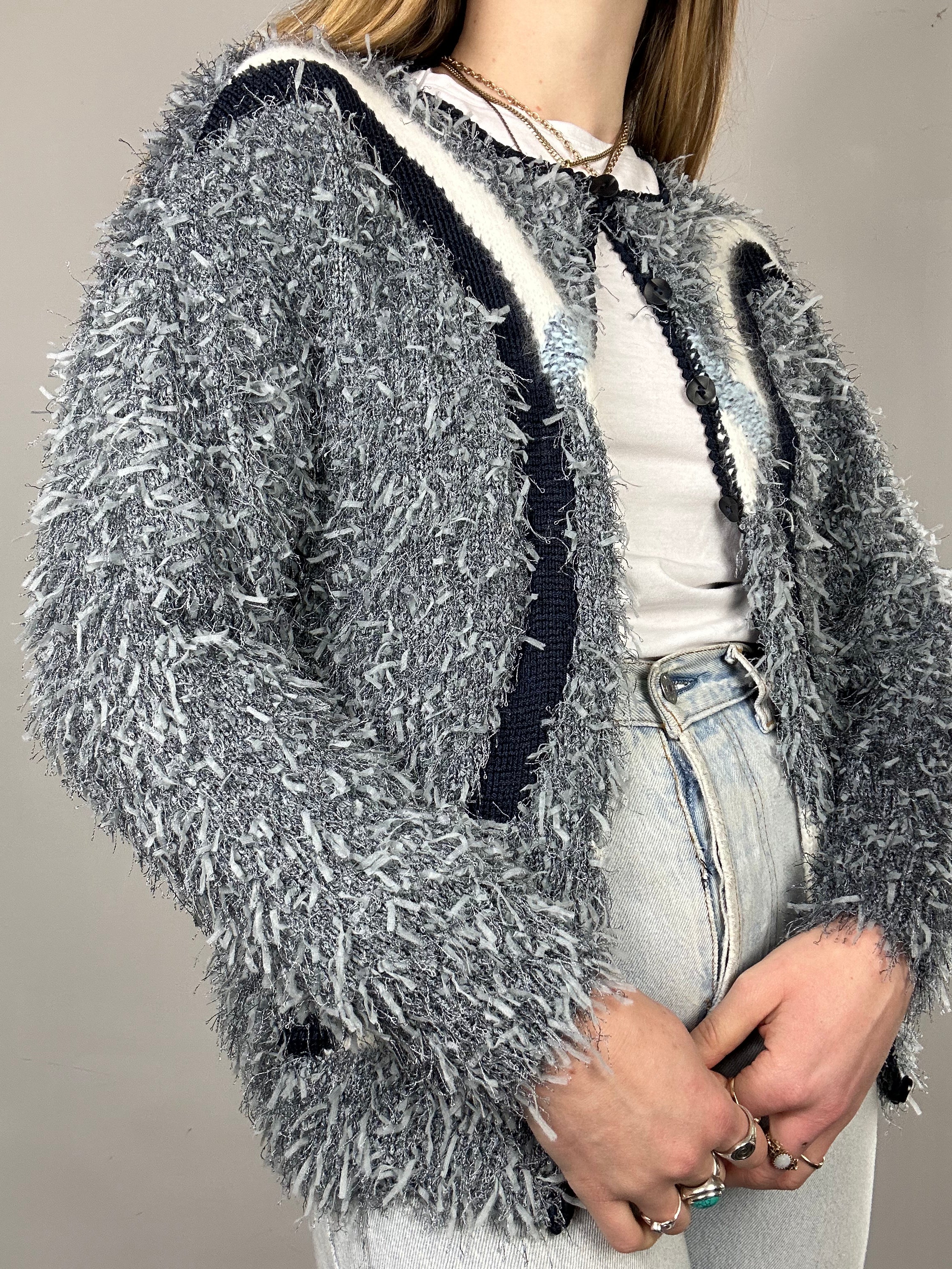 Grey Fluffy 80's Cardigan Size 10