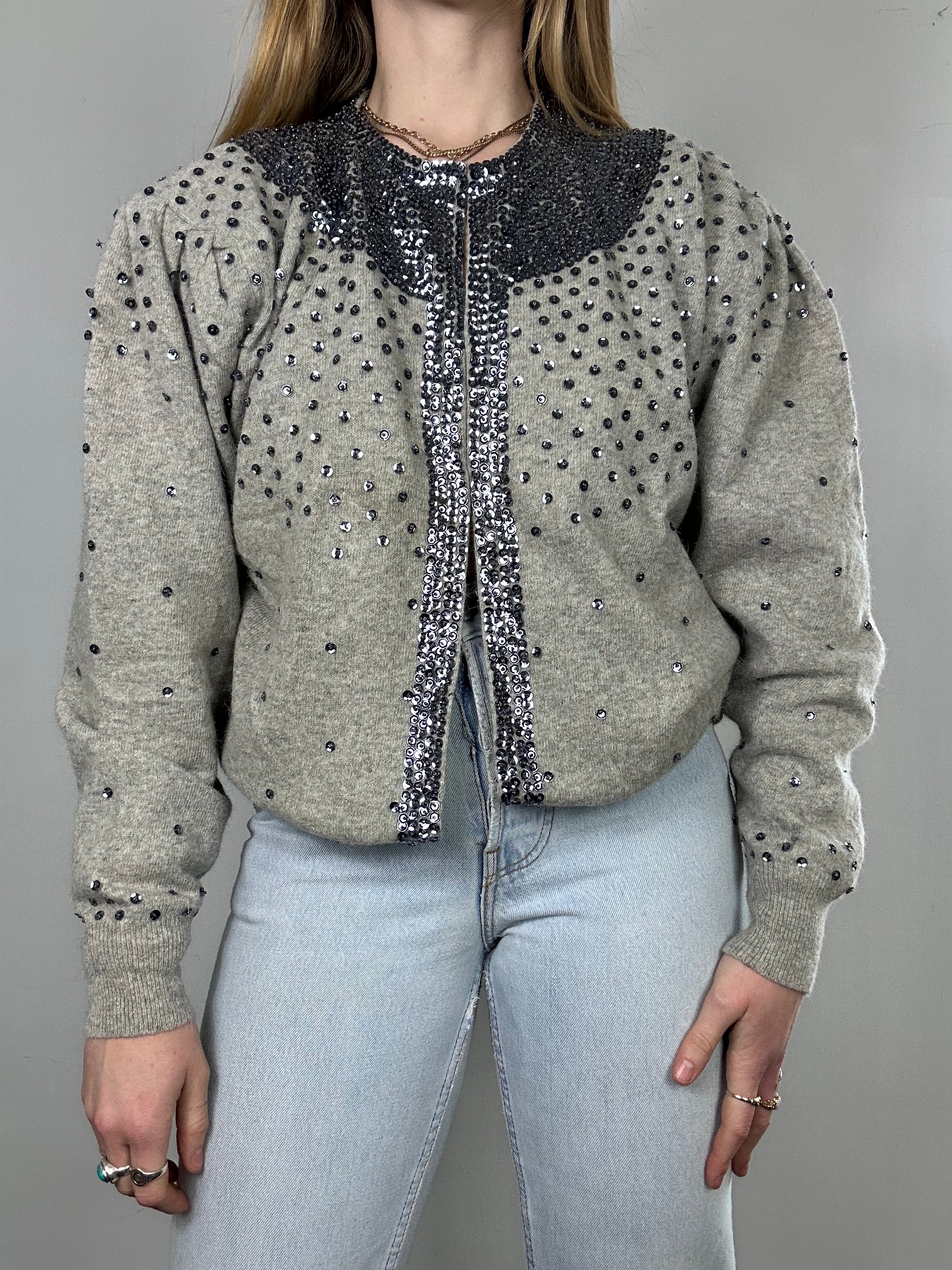 Grey Sequin 80's Cardi Size 10/12