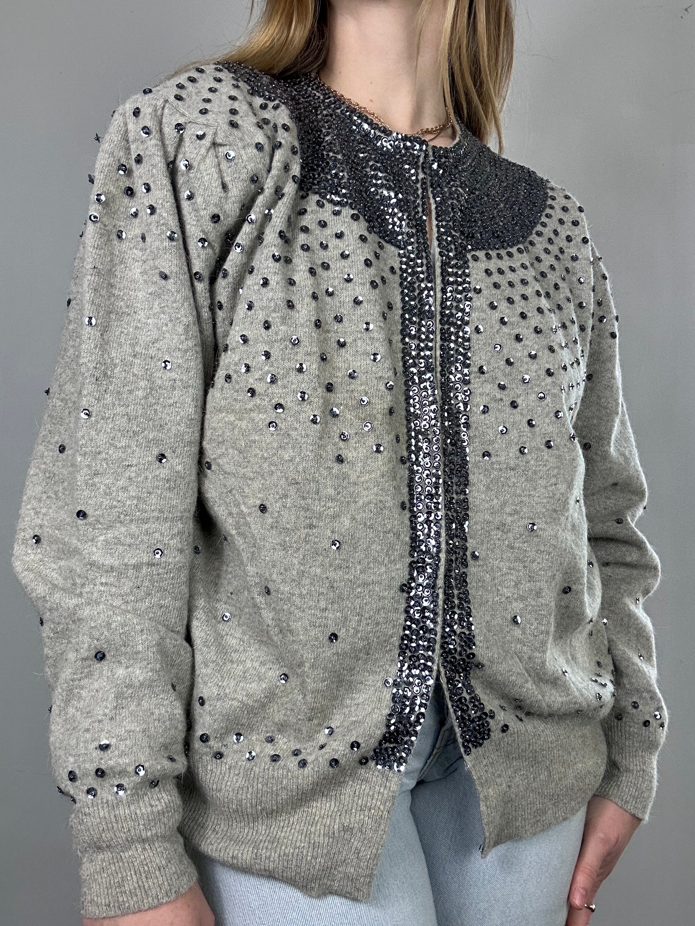 Grey Sequin 80's Cardi Size 10/12