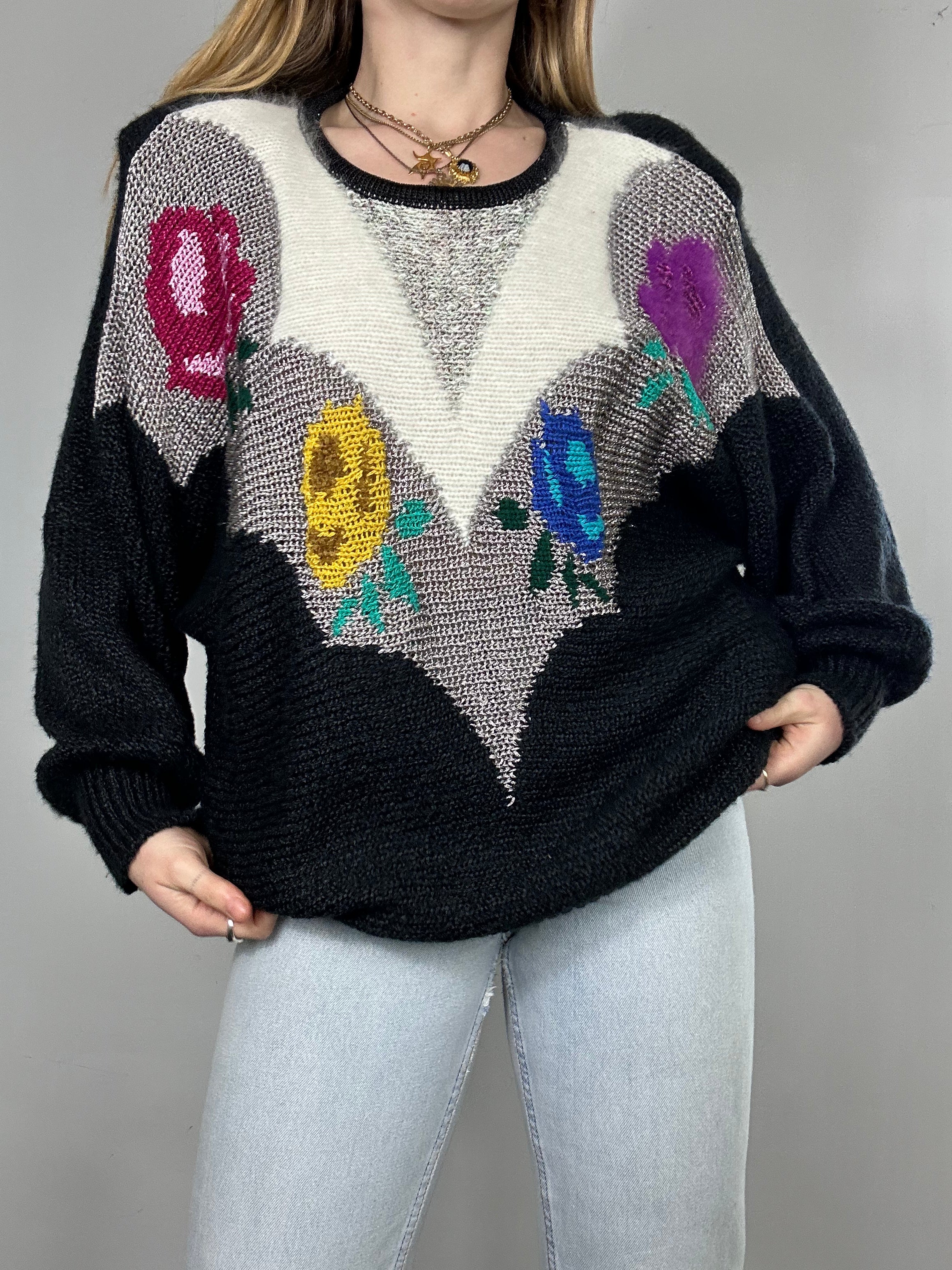 Rose Print 80's Knit Sweater Size L
