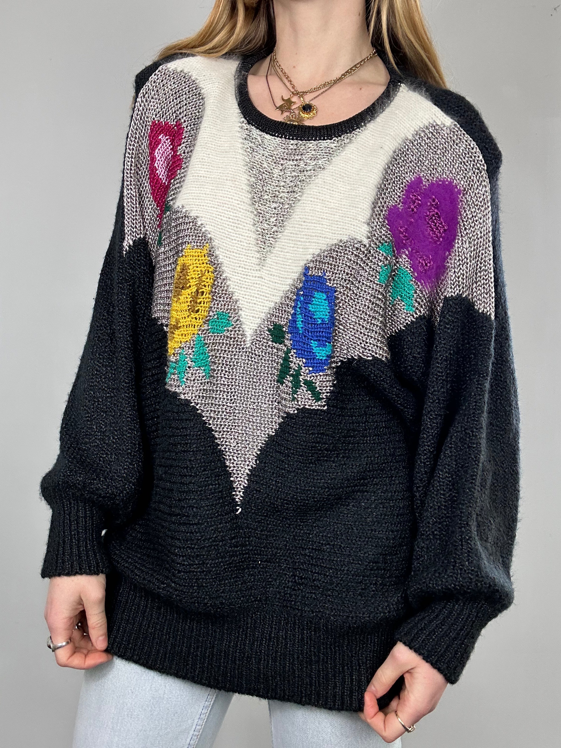 Rose Print 80's Knit Sweater Size L