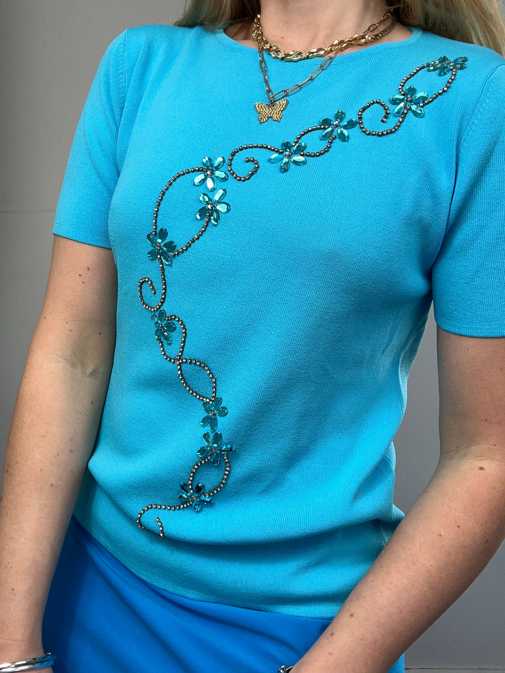 Knit Blue Embellished T Shirt Size 12/14