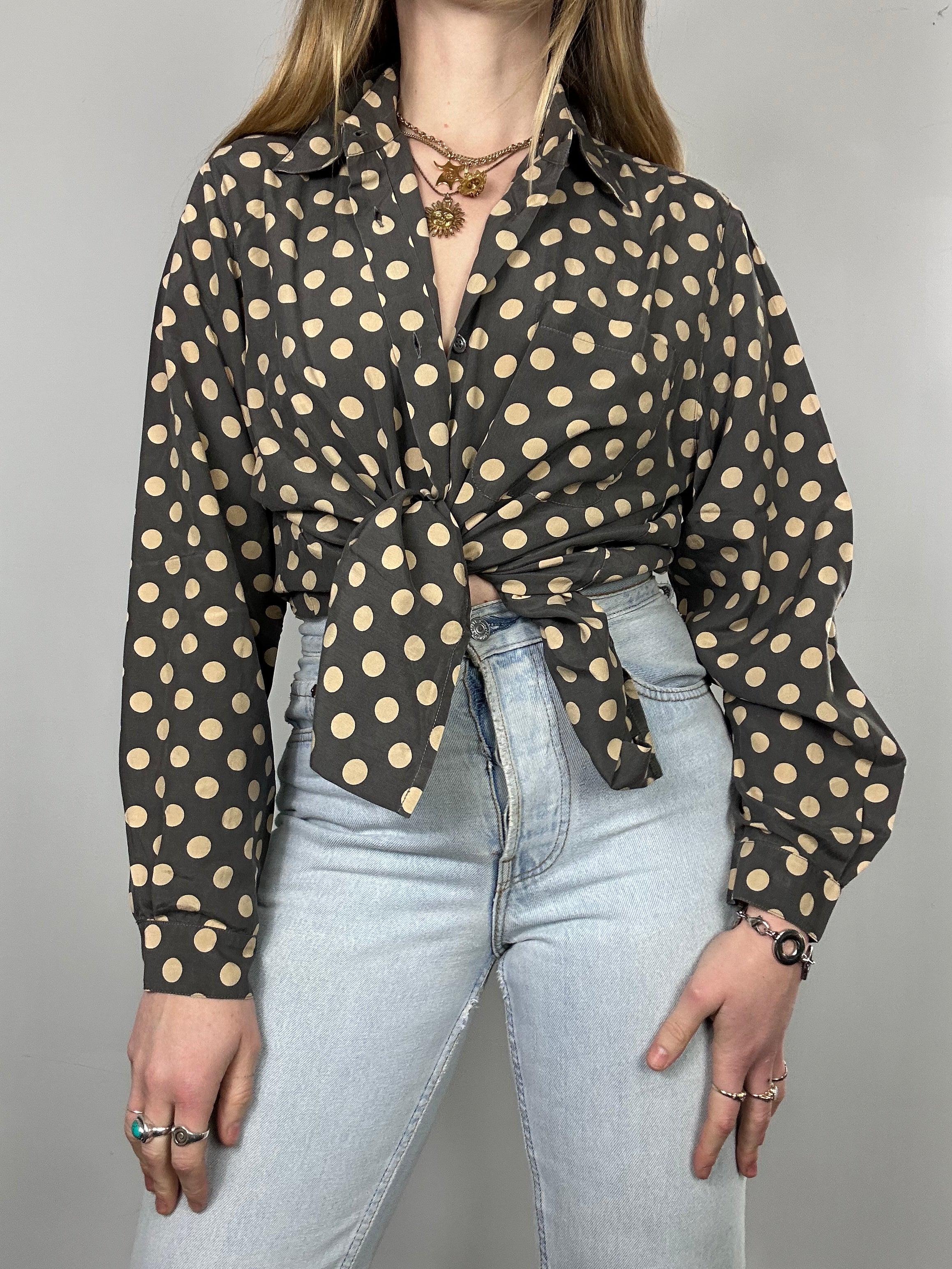 Polkadot Grey And Lemon Silk Shirt Size 12