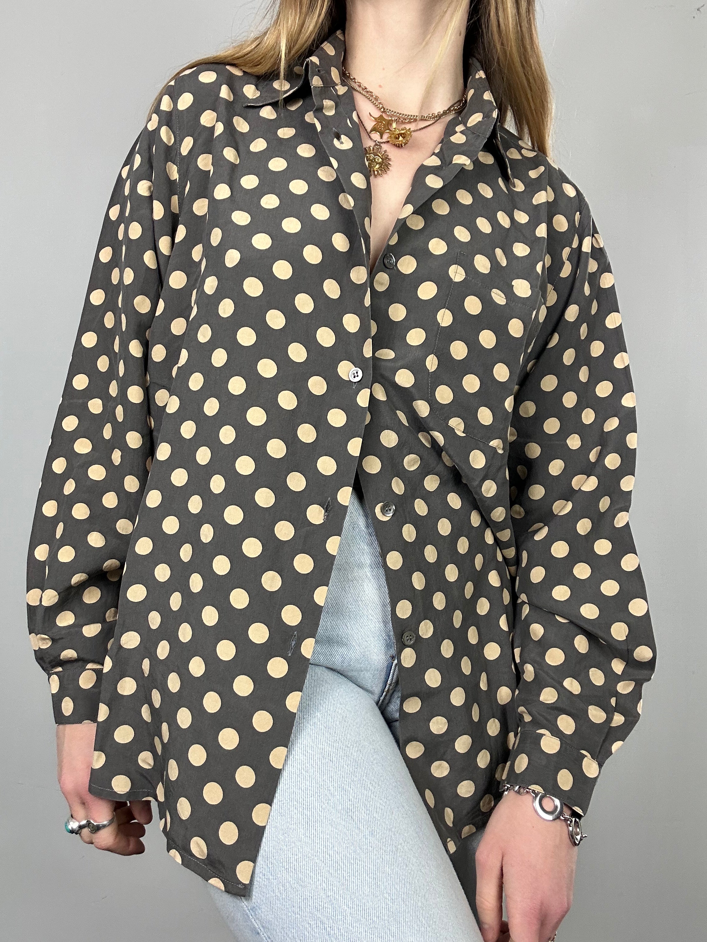 Polkadot Grey And Lemon Silk Shirt Size 12