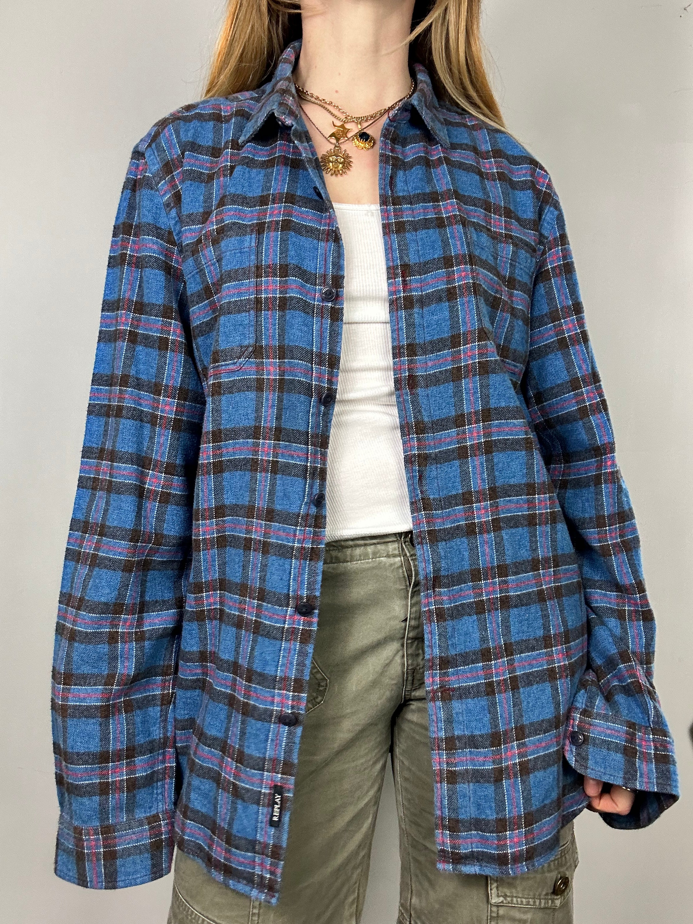 Blue Tartan Flannel Shirt Size L