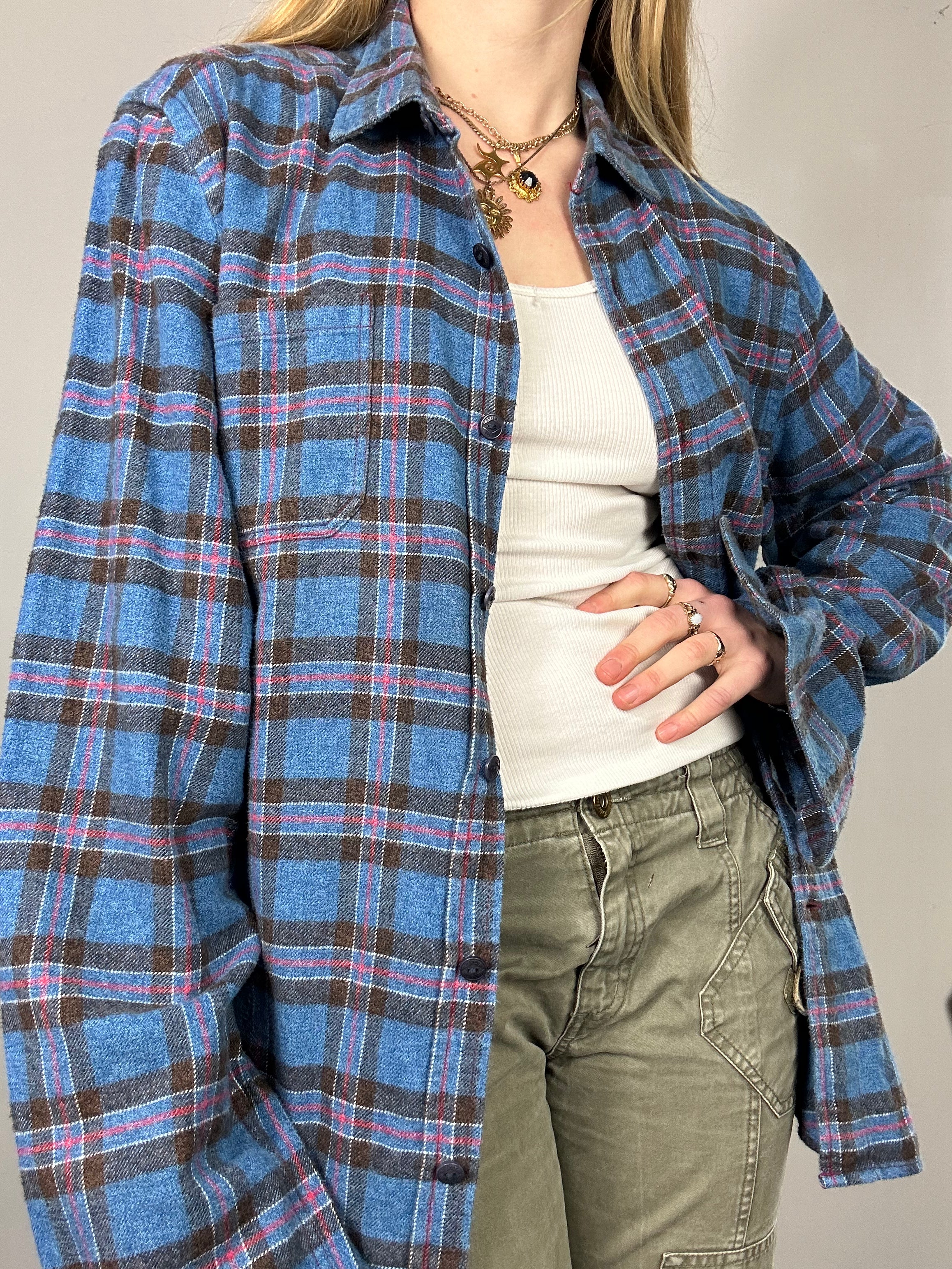 Blue Tartan Flannel Shirt Size L