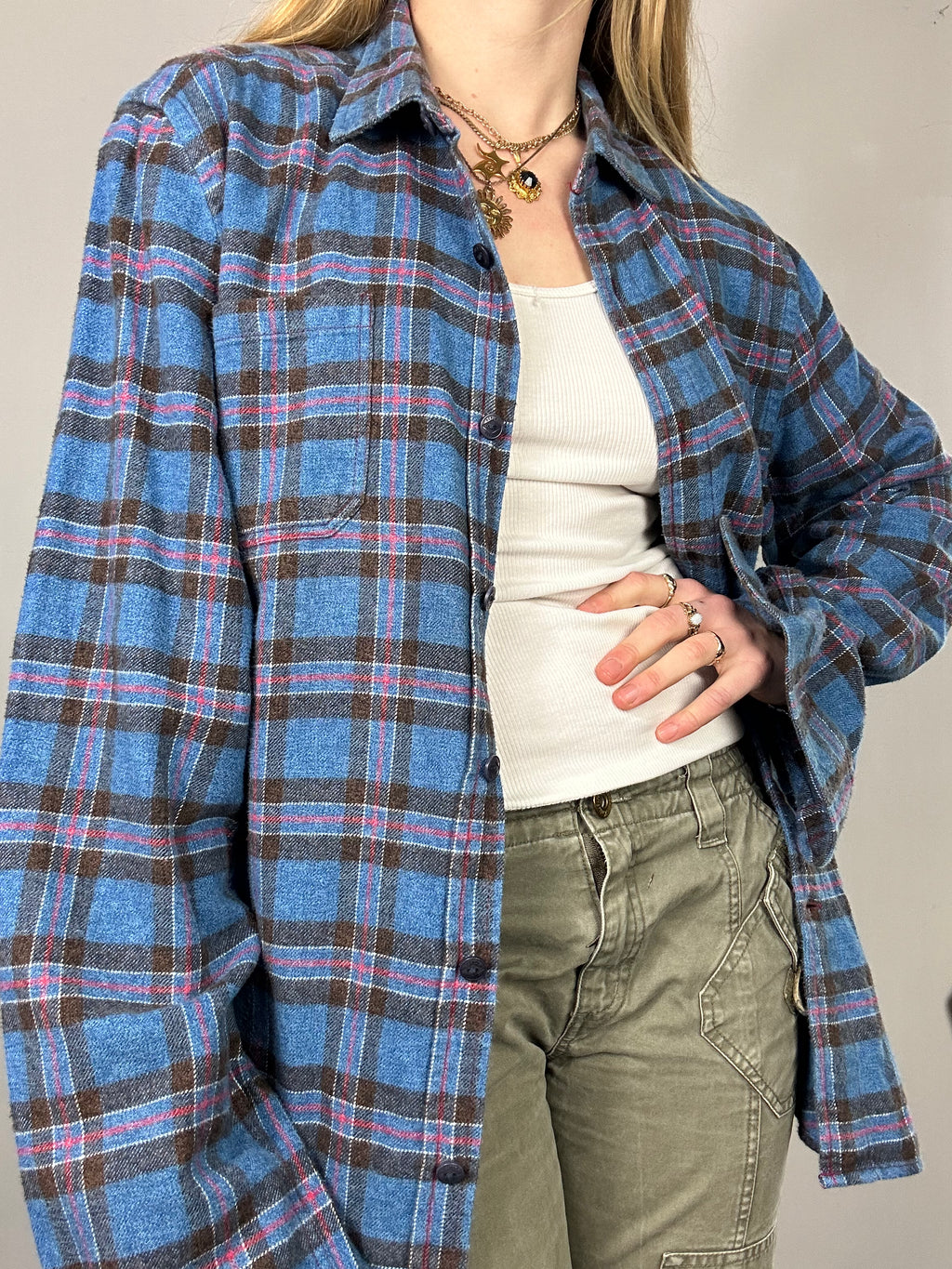 Blue Tartan Flannel Shirt Size L