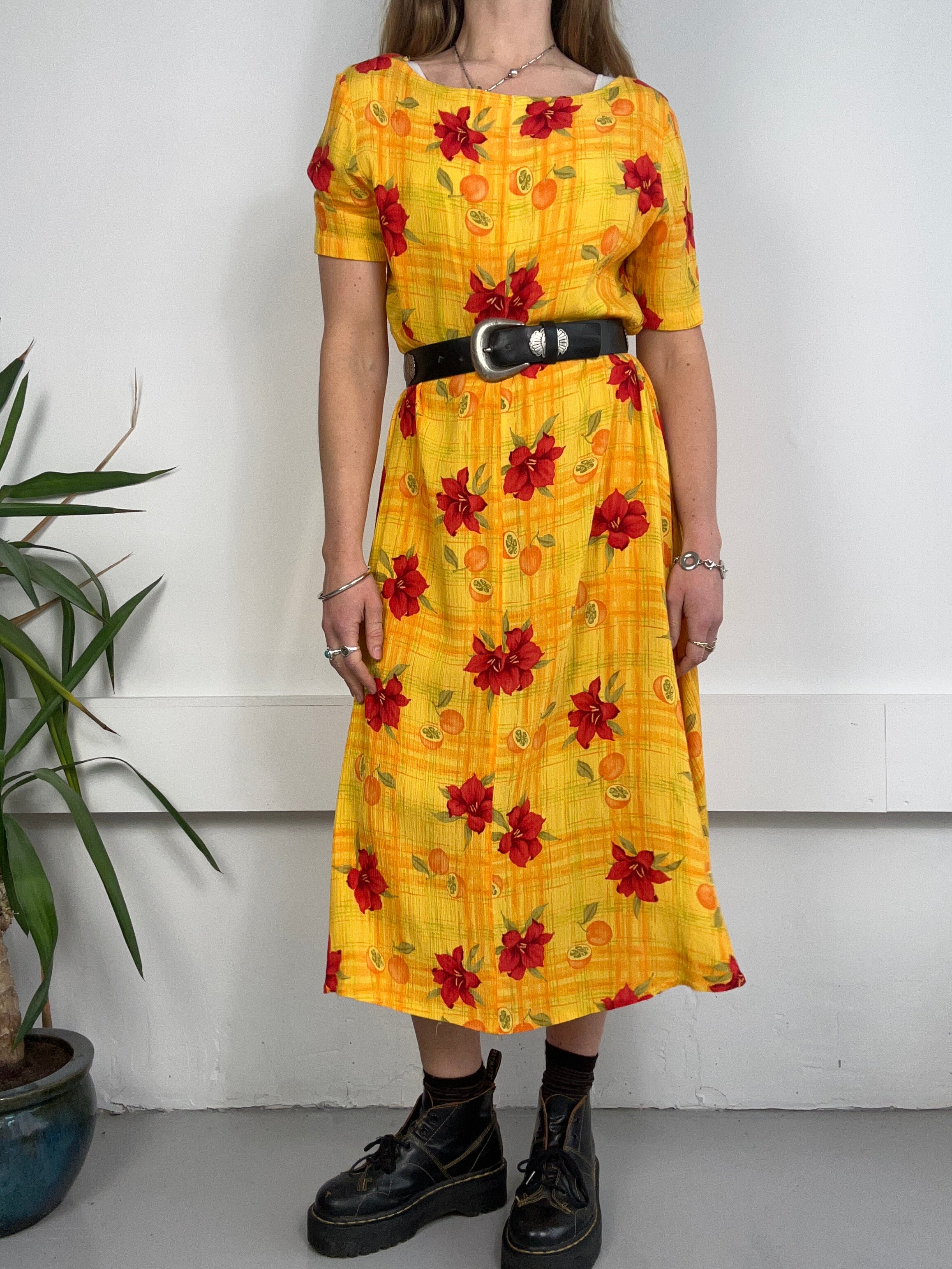Yellow Flroal midi Dress Size 12