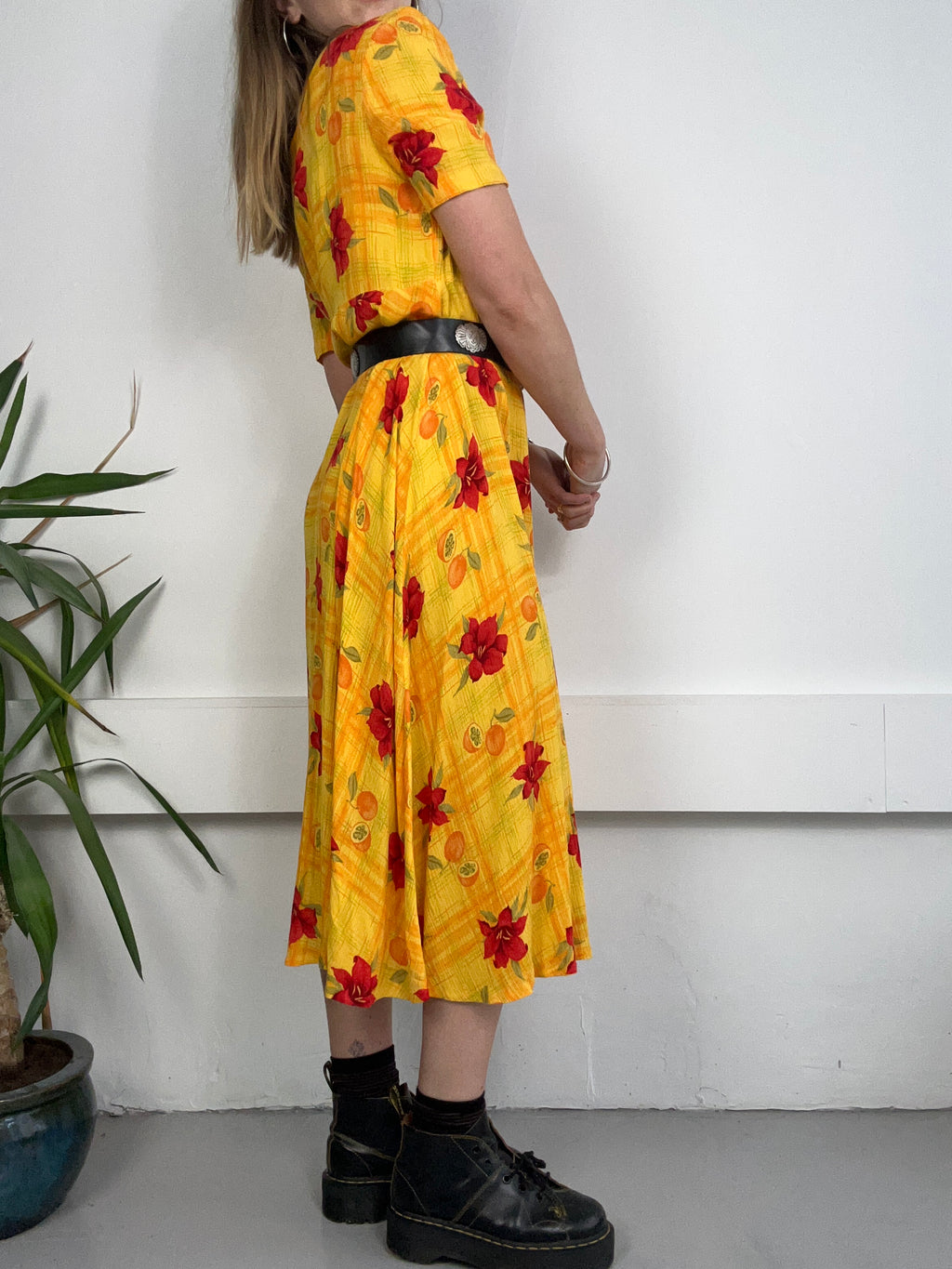 Yellow Flroal midi Dress Size 12