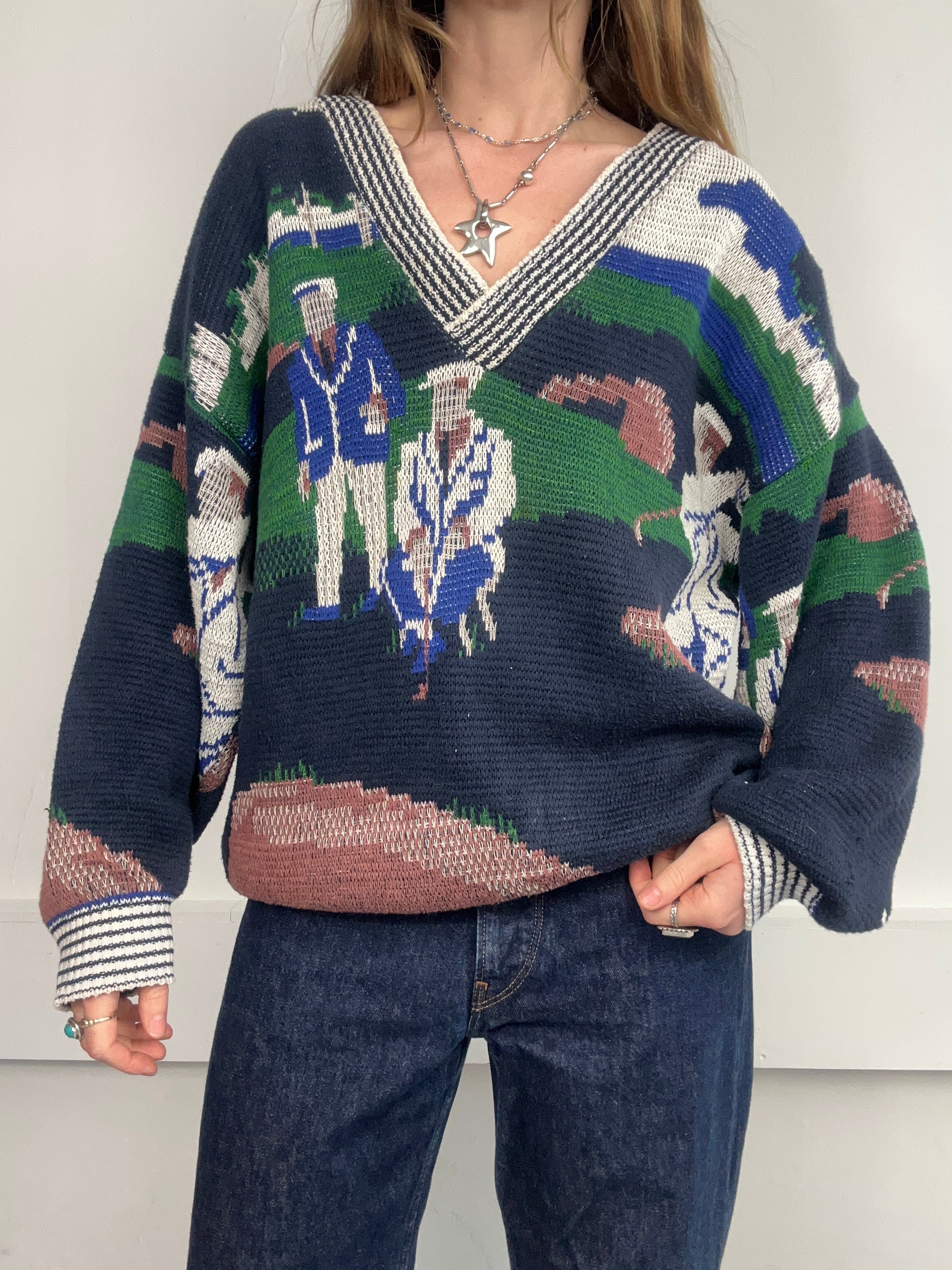 V Neck 90's Golfing Sweater Size L