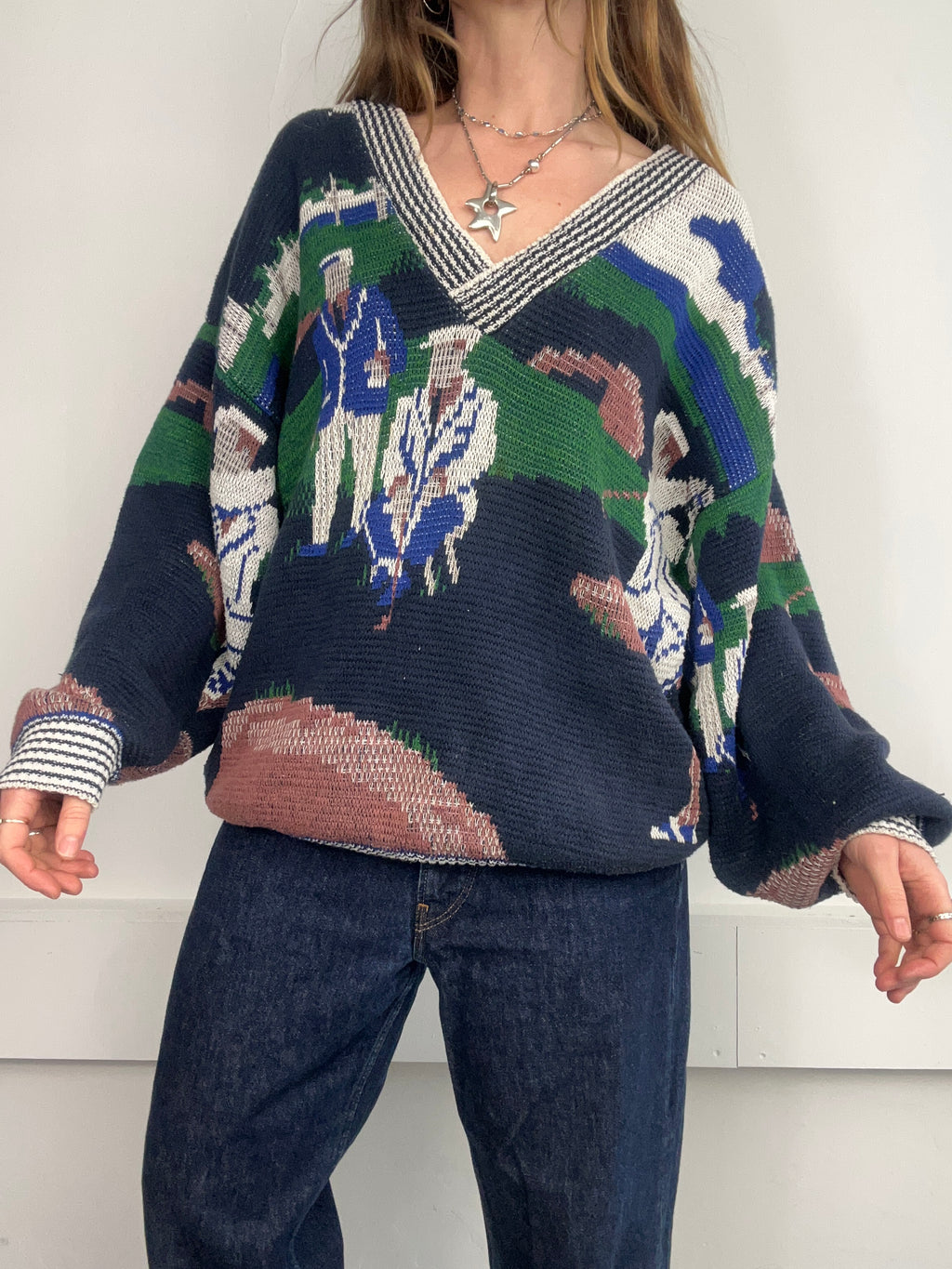 V Neck 90's Golfing Sweater Size L