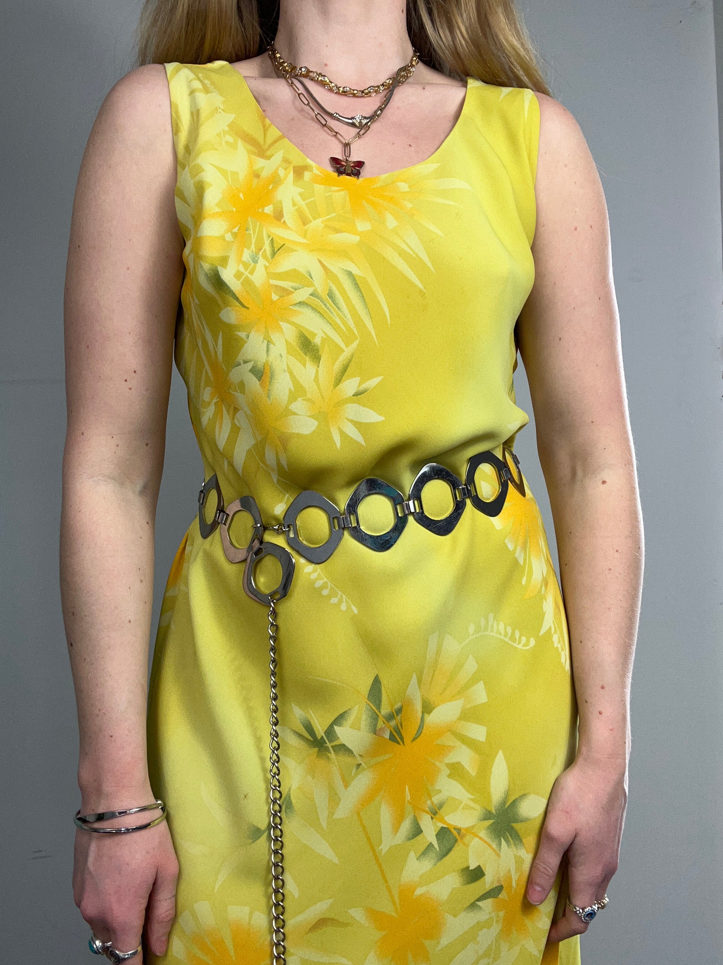Yellow Chiffon Midi Dress 90's Size 12