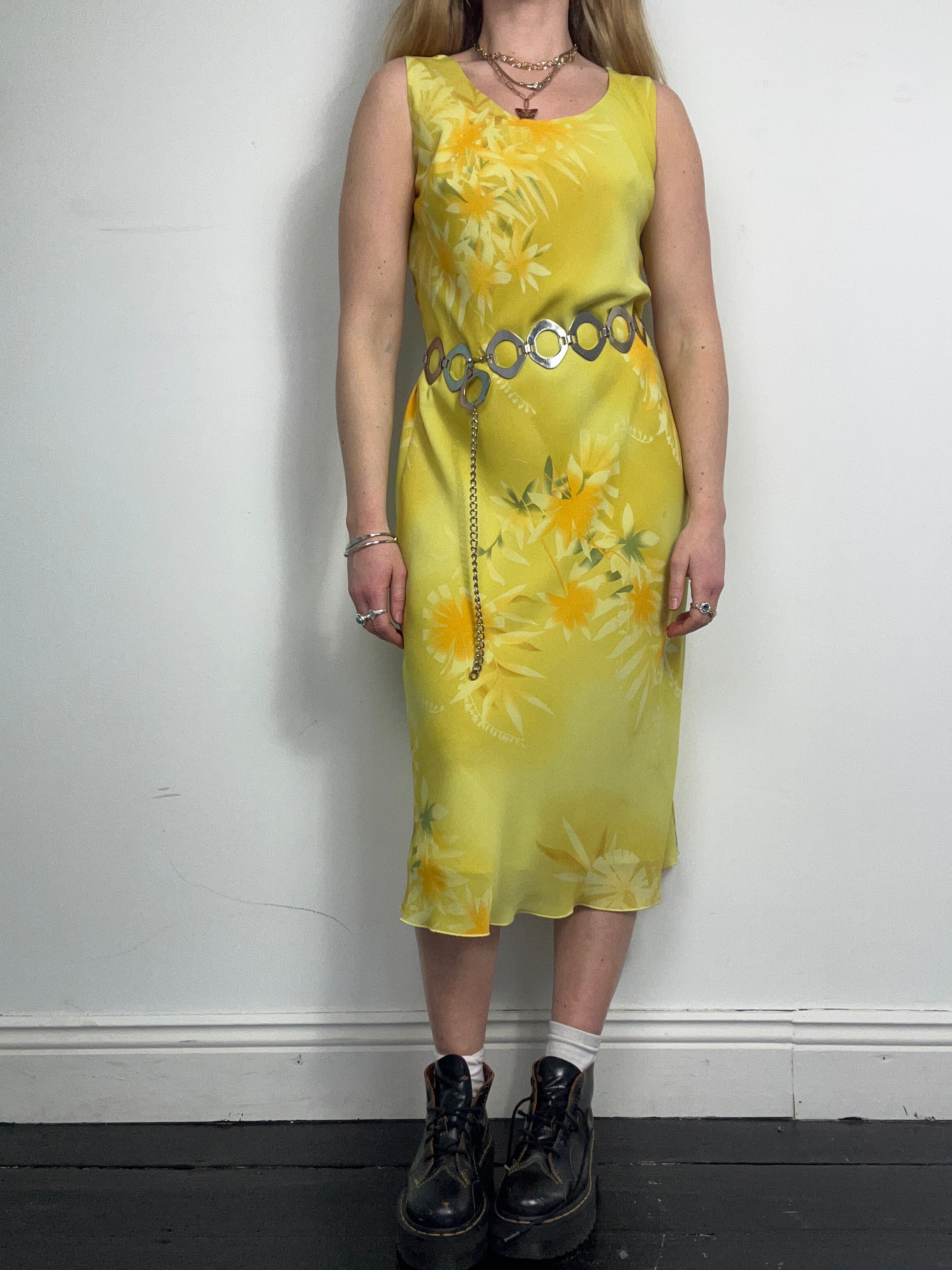 Yellow Chiffon Midi Dress 90's Size 12