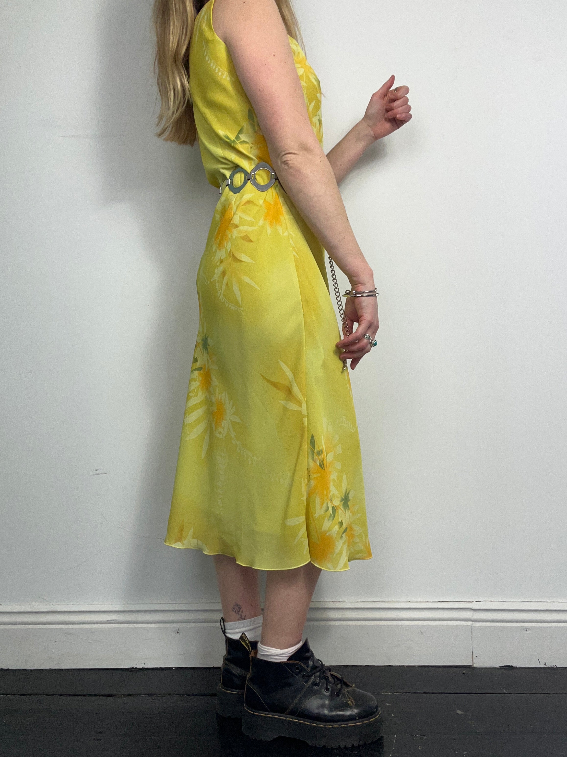 Yellow Chiffon Midi Dress 90's Size 12