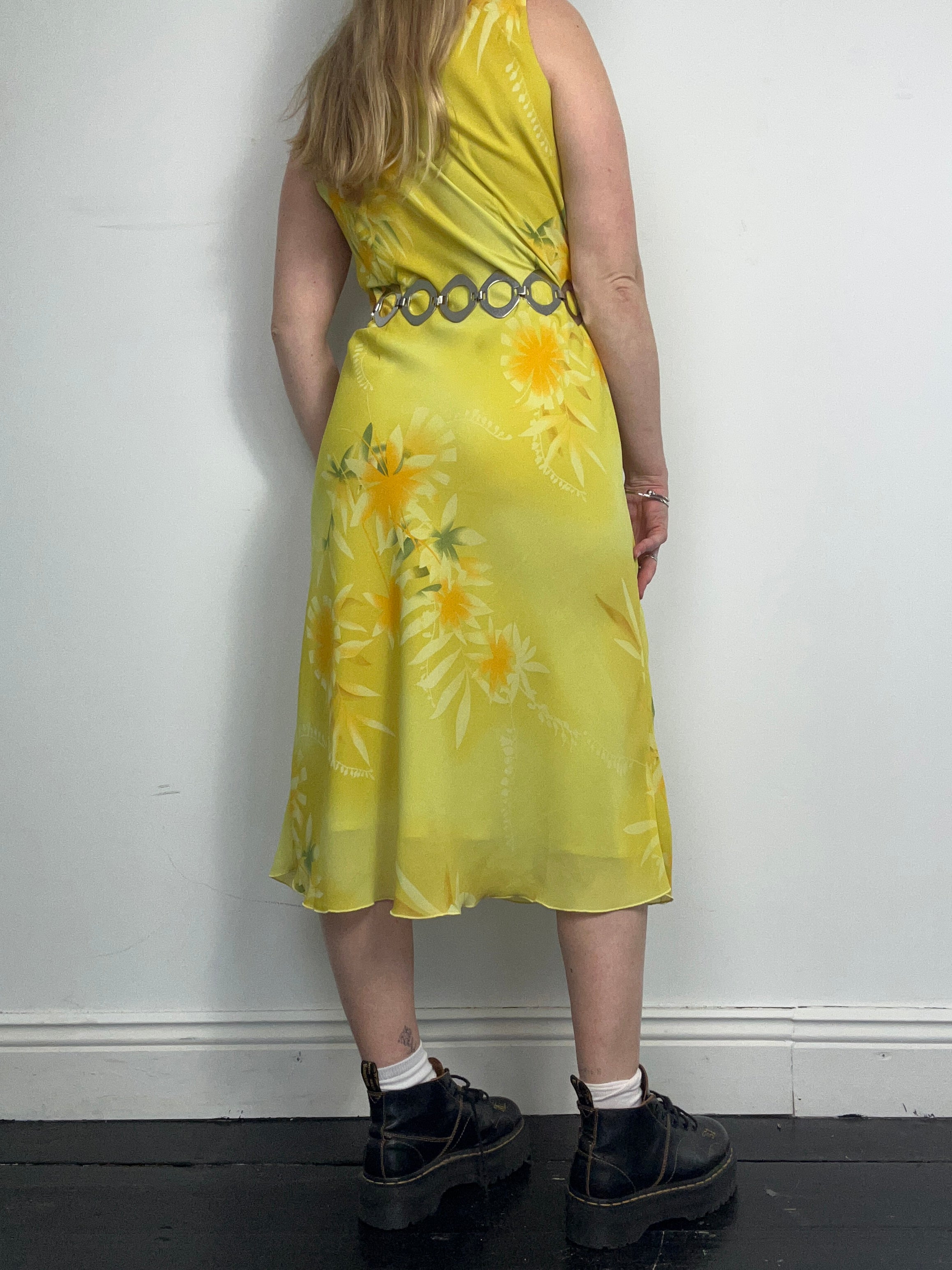 Yellow Chiffon Midi Dress 90's Size 12