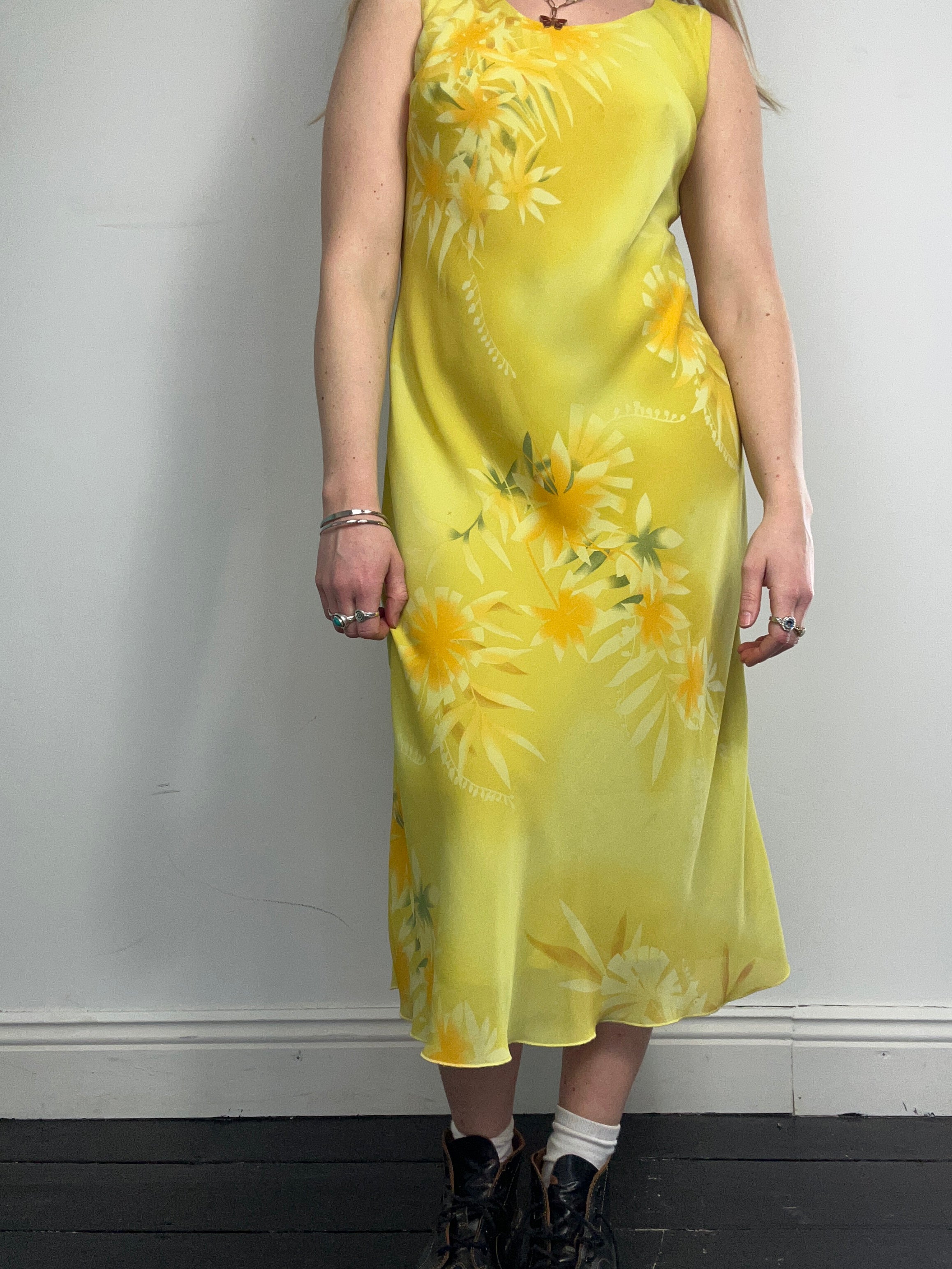 Yellow Chiffon Midi Dress 90's Size 12