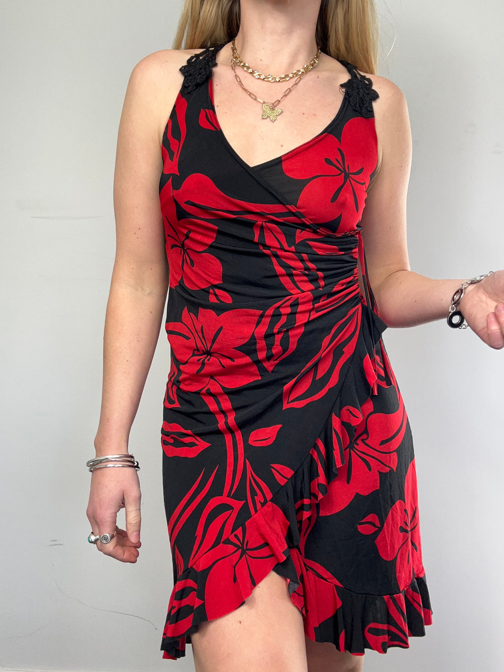 Red Floal y2k Mini Dress Size 8