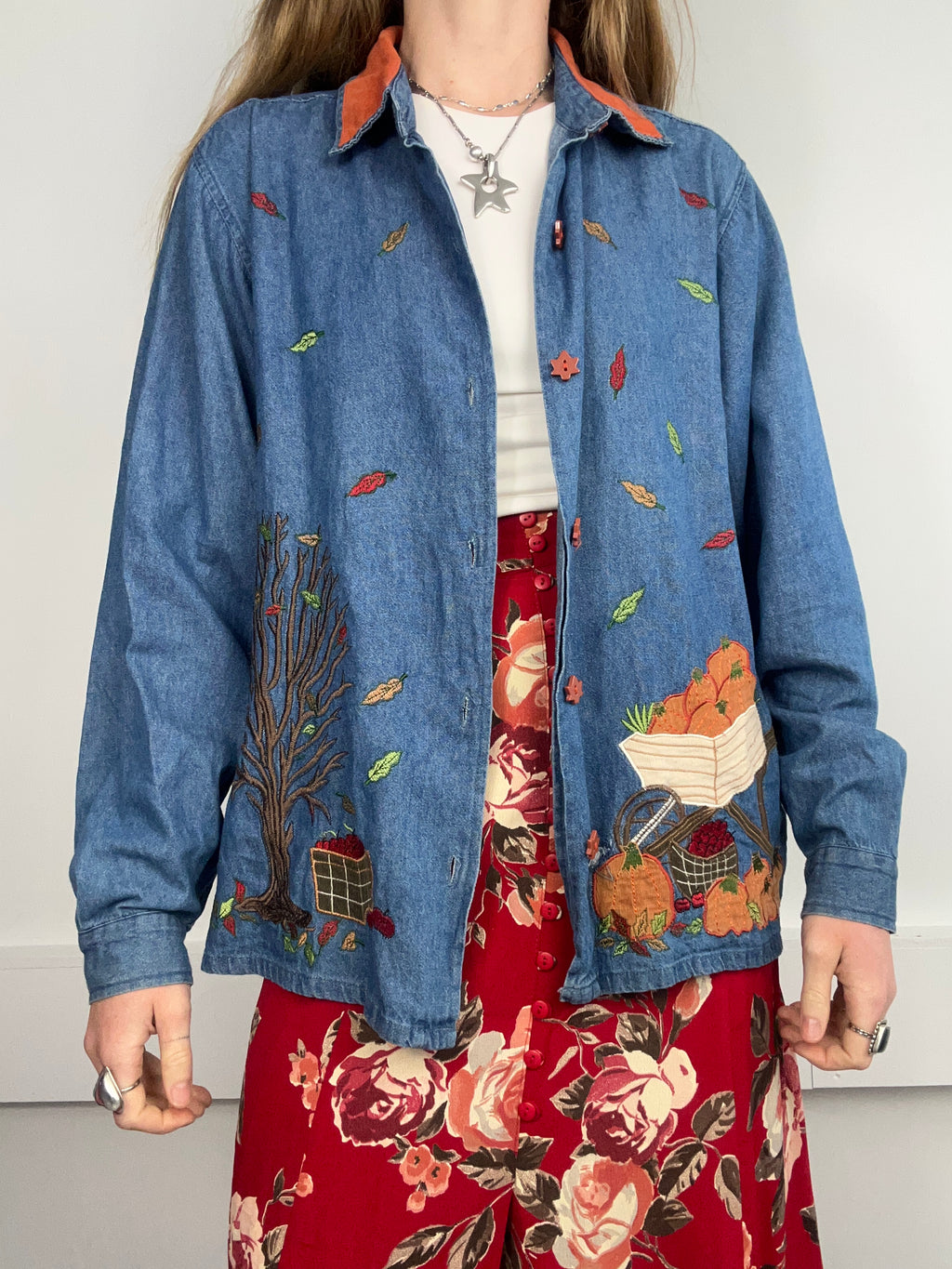 Pumpkin Embroidered Denim Jacket Size 12/14