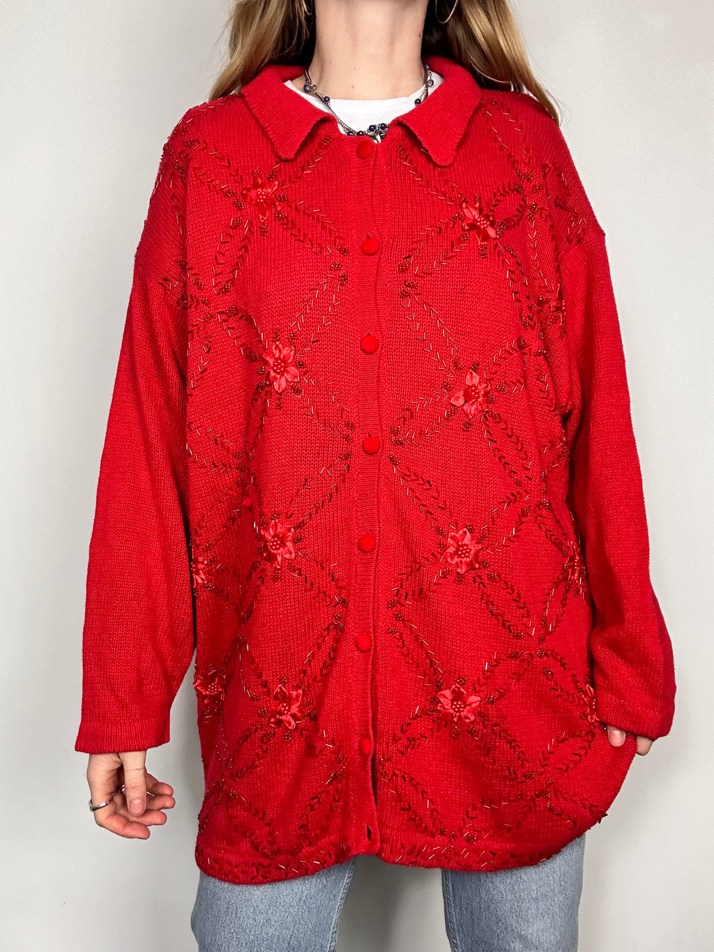 Red Sequin 80's Cardigan Size 14/16