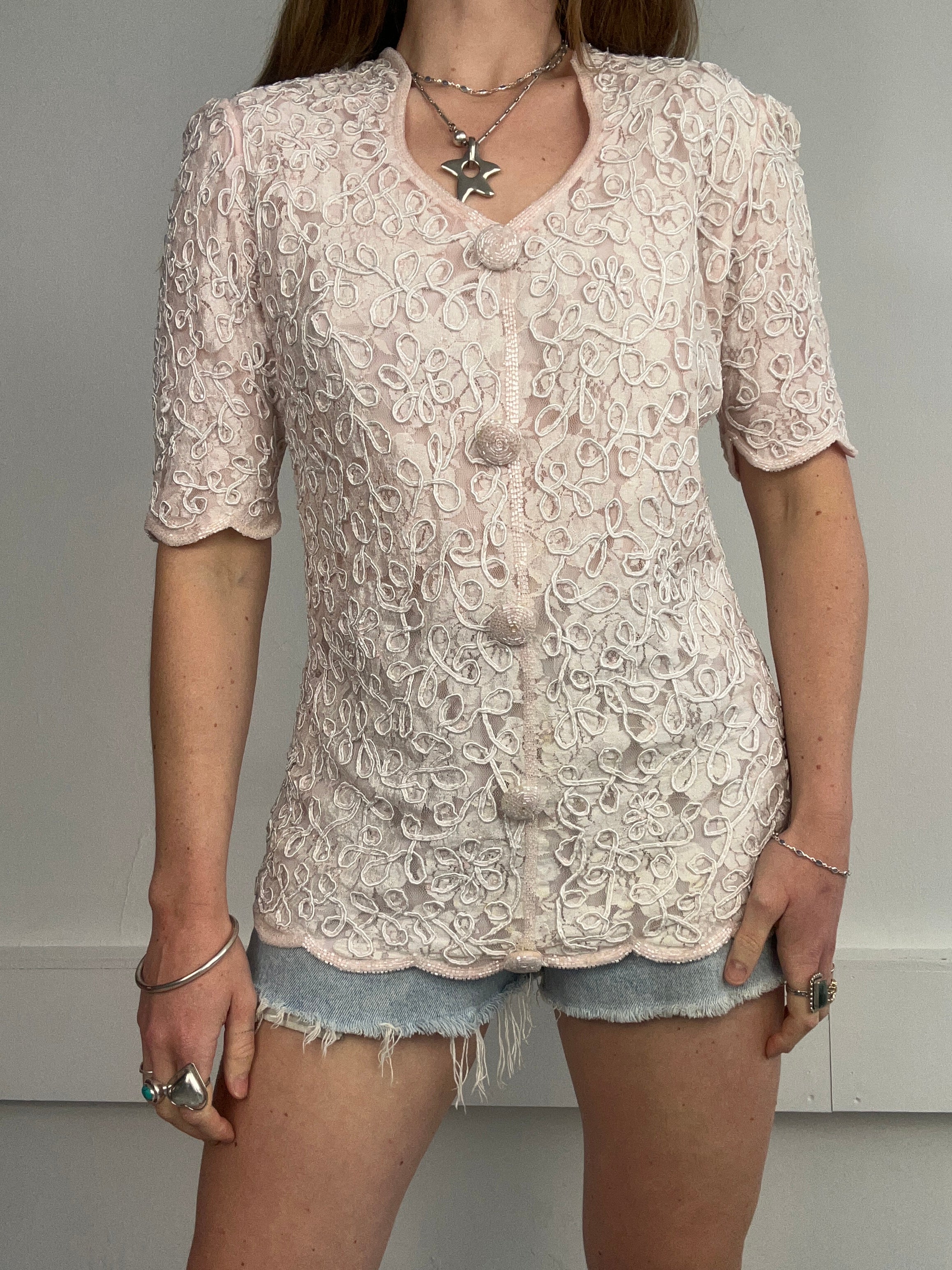 Pink Lace Sequin Top 80's Size 10