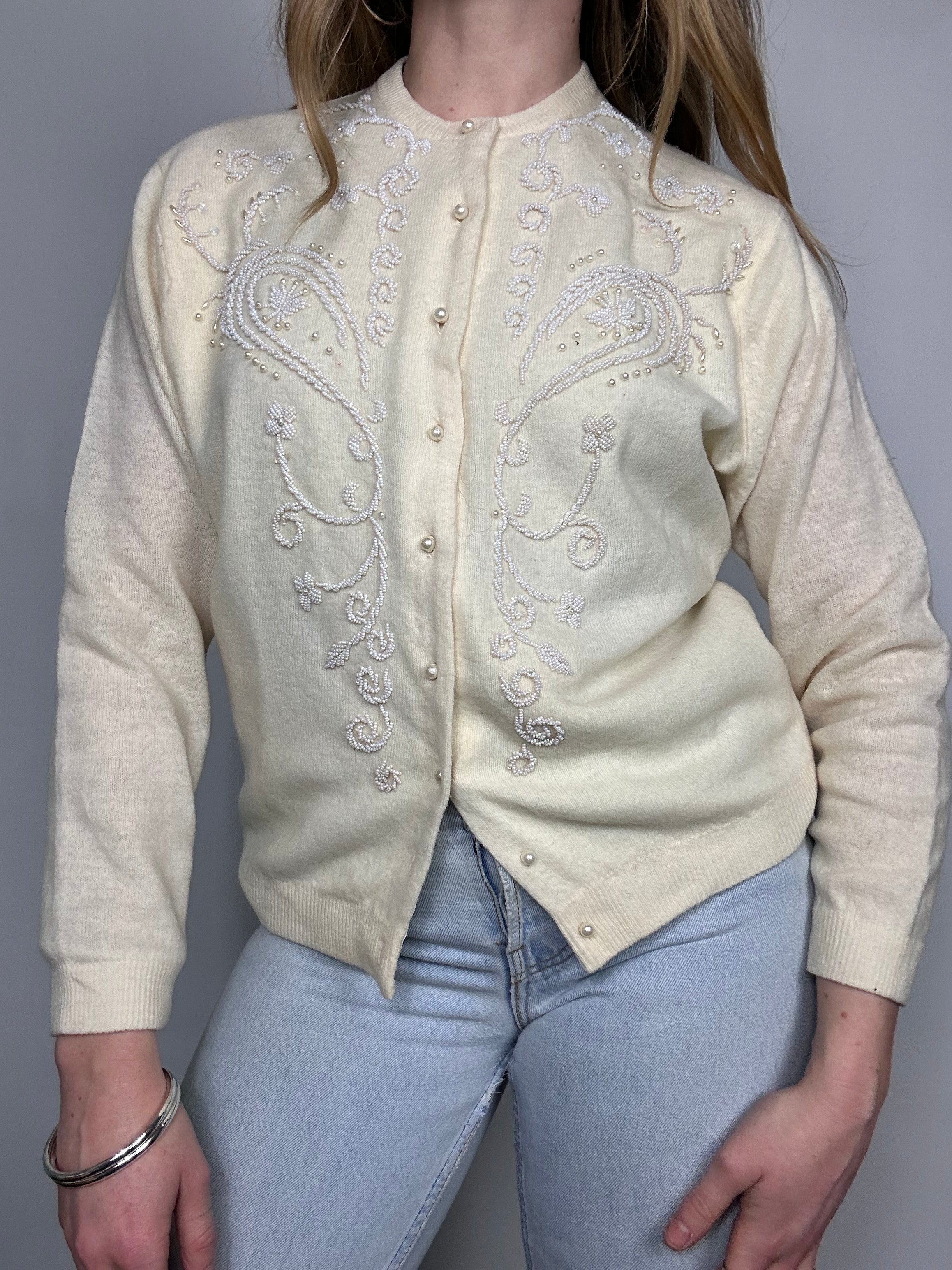 Cream Beaded Knitted Cardigan Size 10