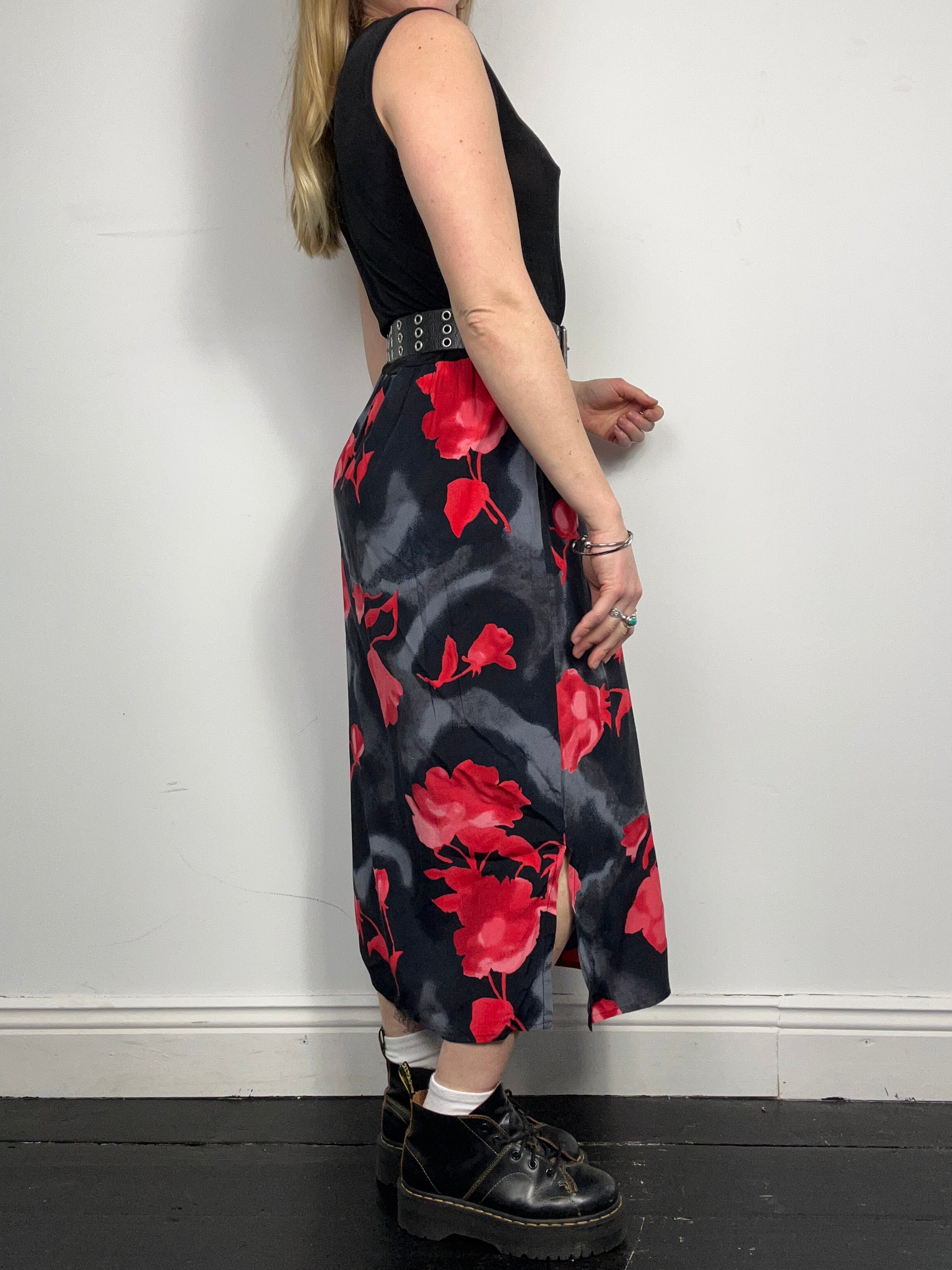 Red Floral Midi Dress 90's Size 12
