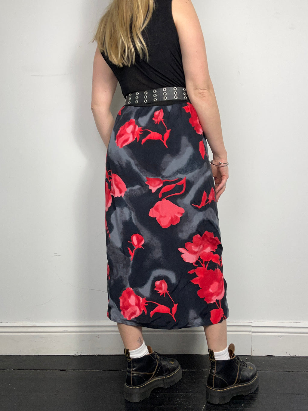 Red Floral Midi Dress 90's Size 12