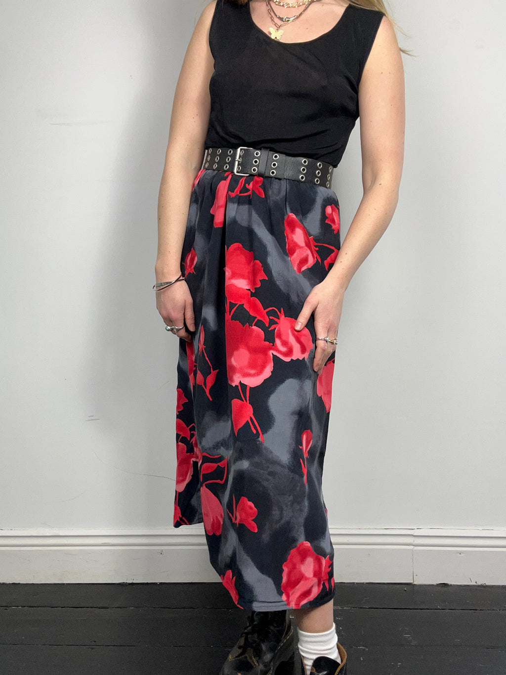 Red Floral Midi Dress 90's Size 12