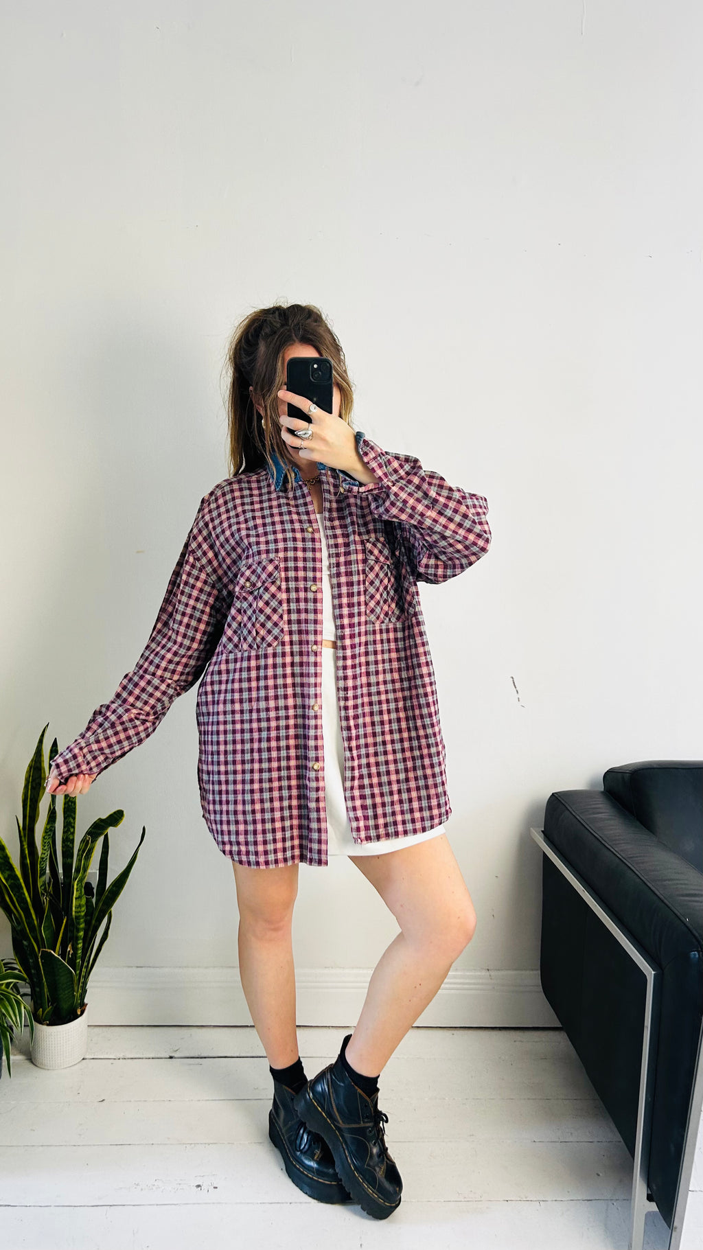 Tartan Flannel Shirt Denim Collar Size L