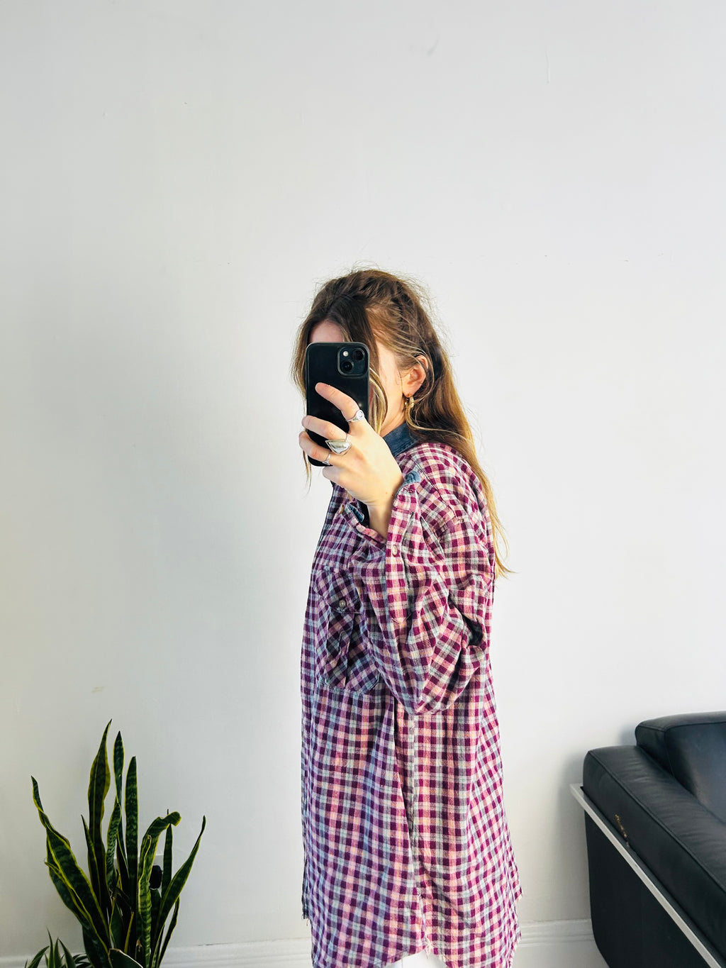 Tartan Flannel Shirt Denim Collar Size L