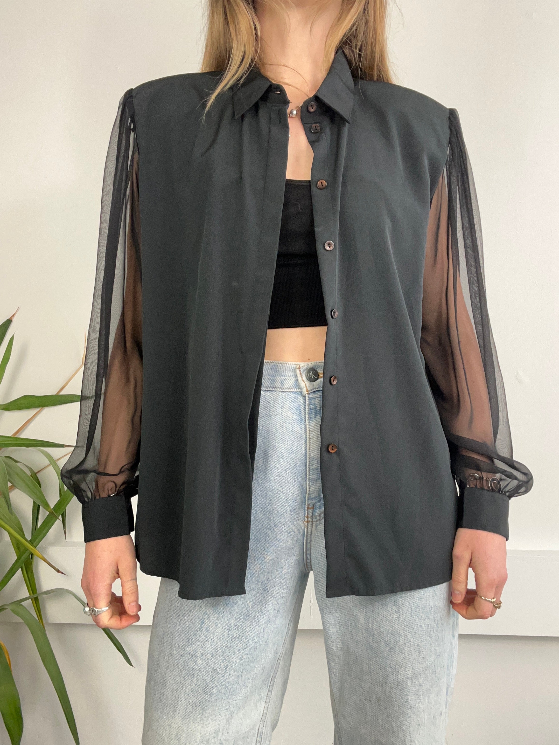 Black 80's Sheer Sleeve Shirt Size L