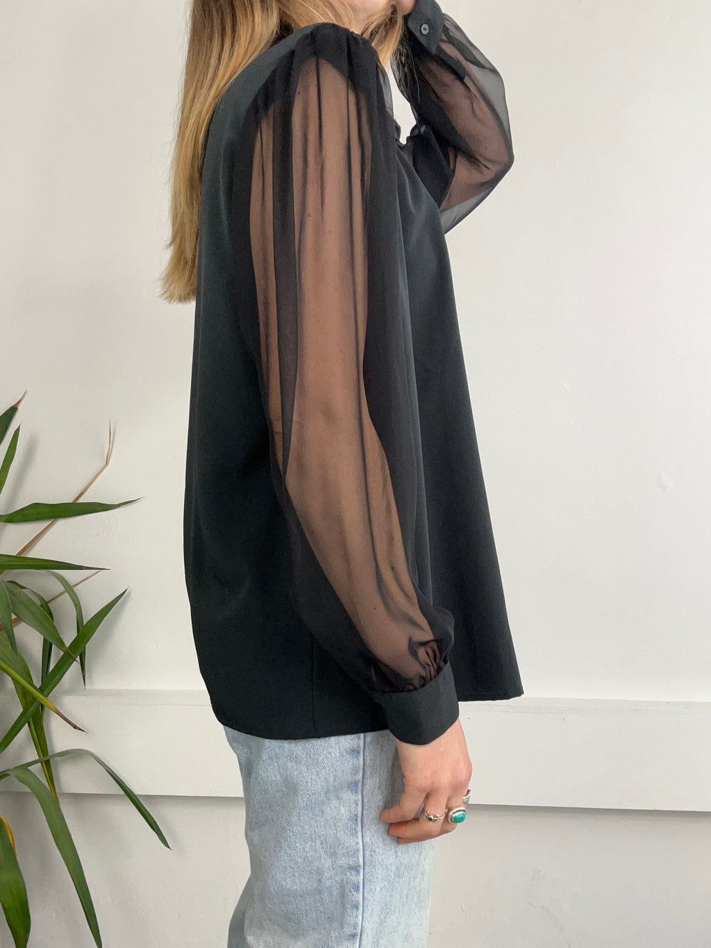 Black 80's Sheer Sleeve Shirt Size L