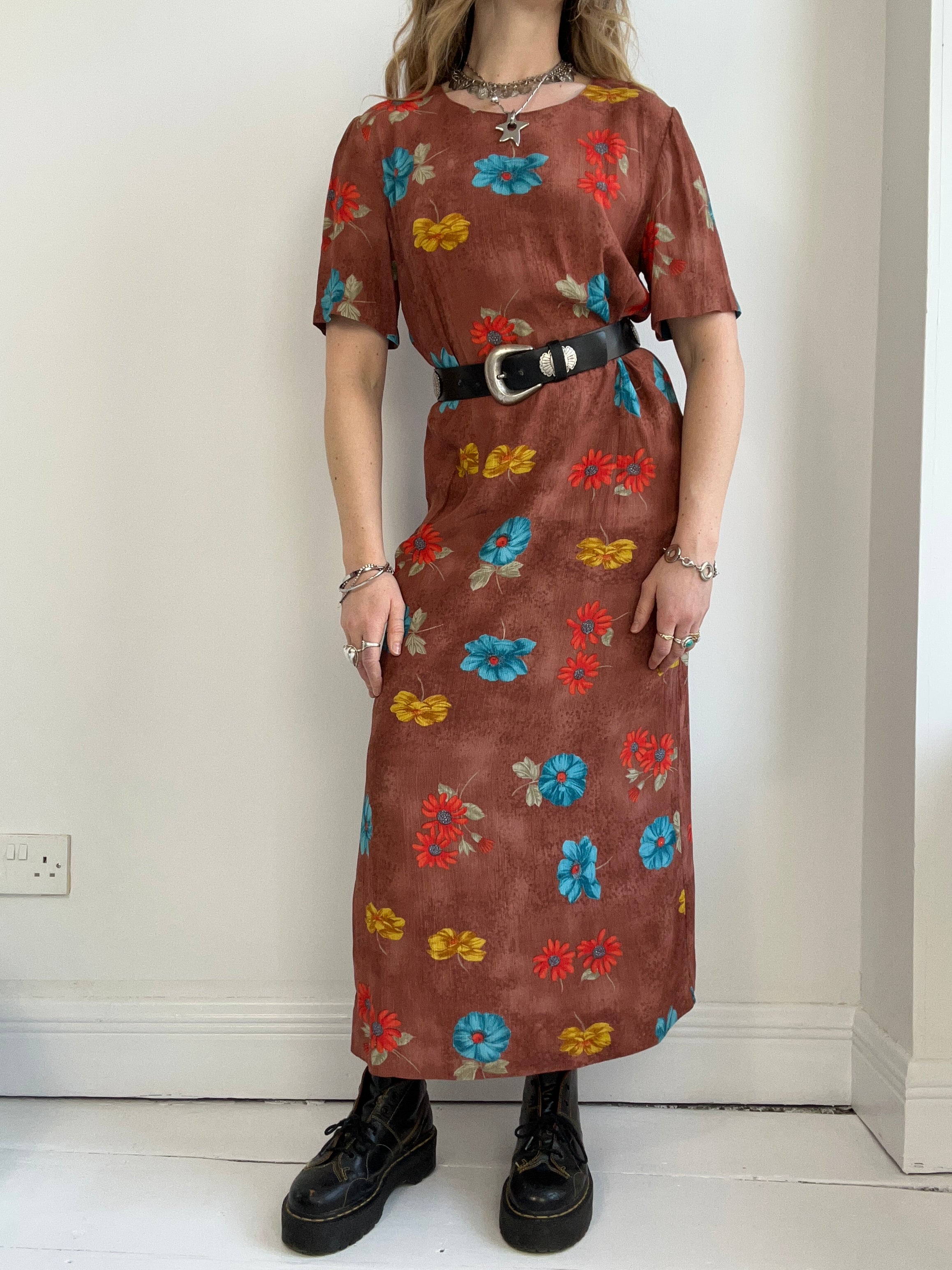 Brown Floral 90's Maxi Dress Size 12