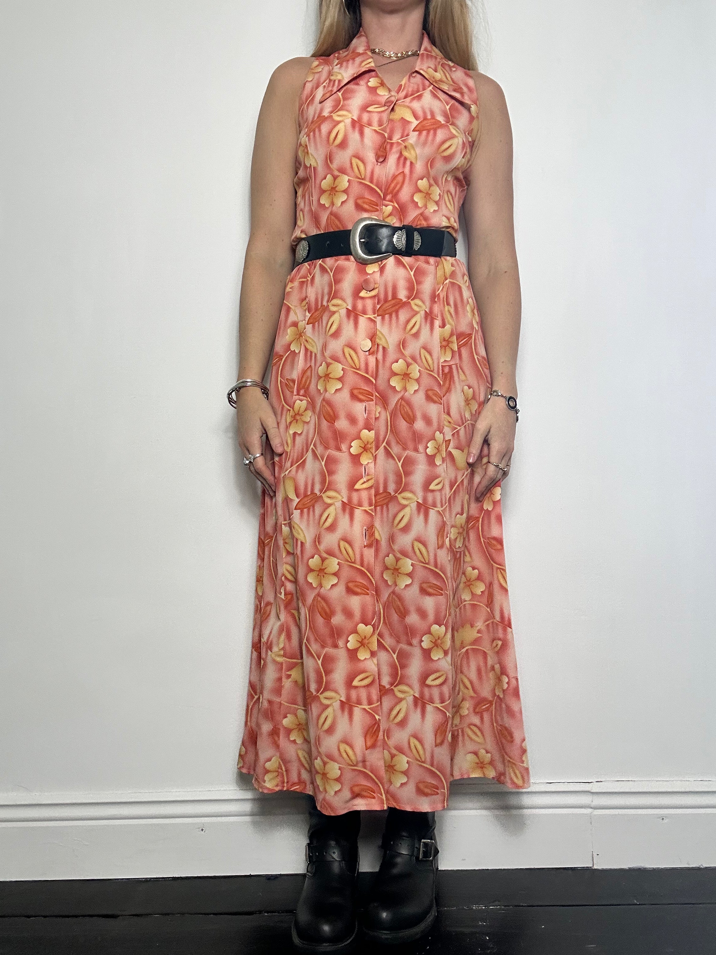 Orange Floral 80's Maxi Dress size 10