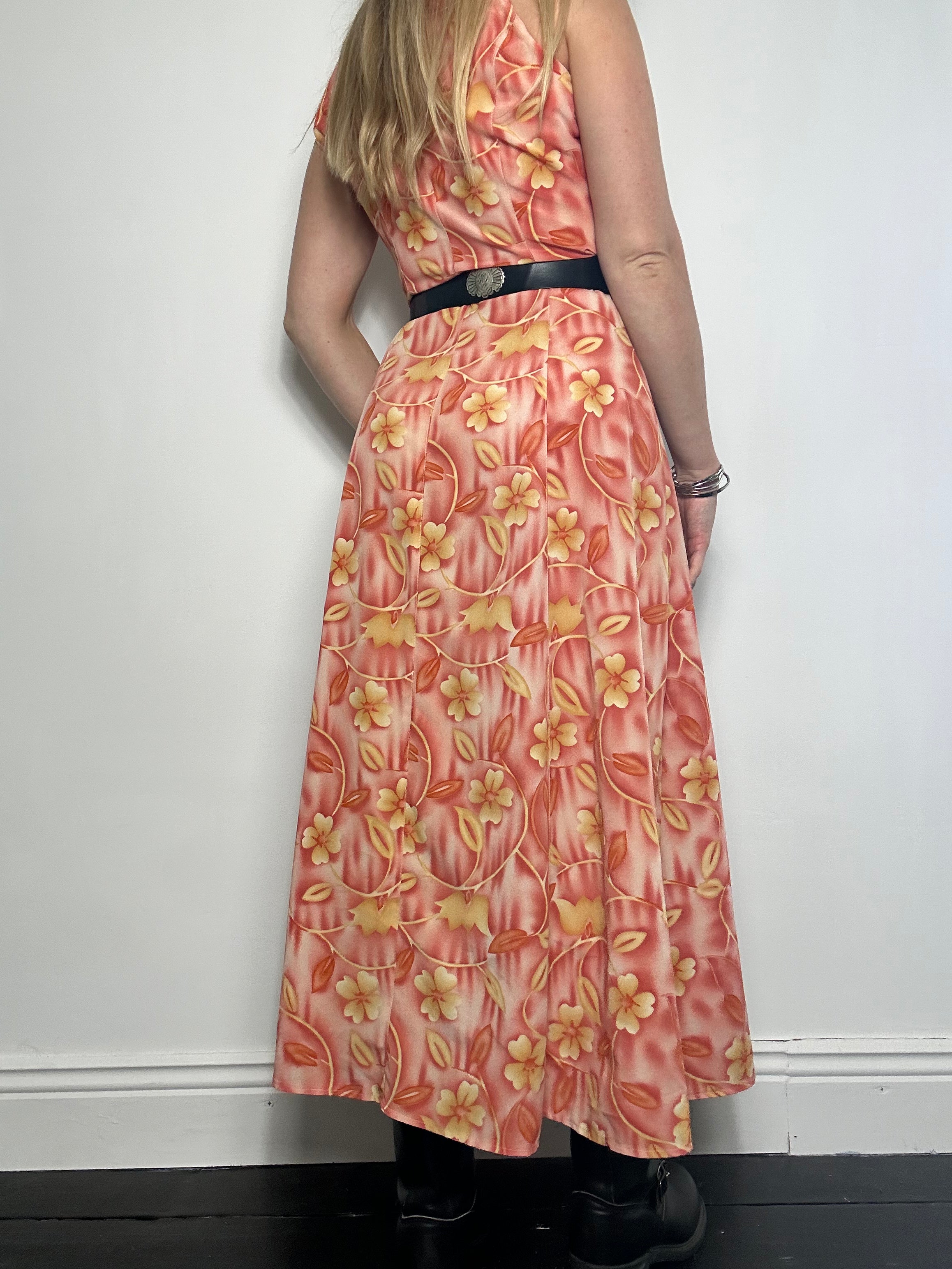 Orange Floral 80's Maxi Dress size 10
