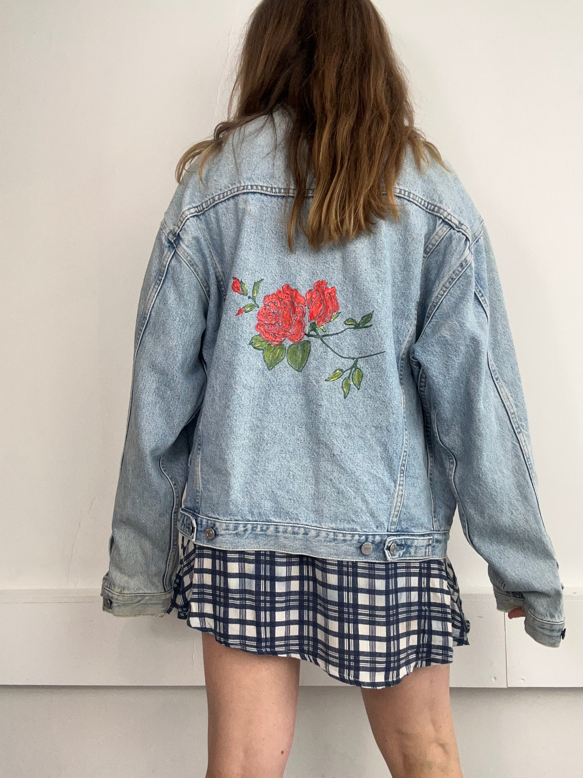 Rose Print 80's Denim Jacket Size L