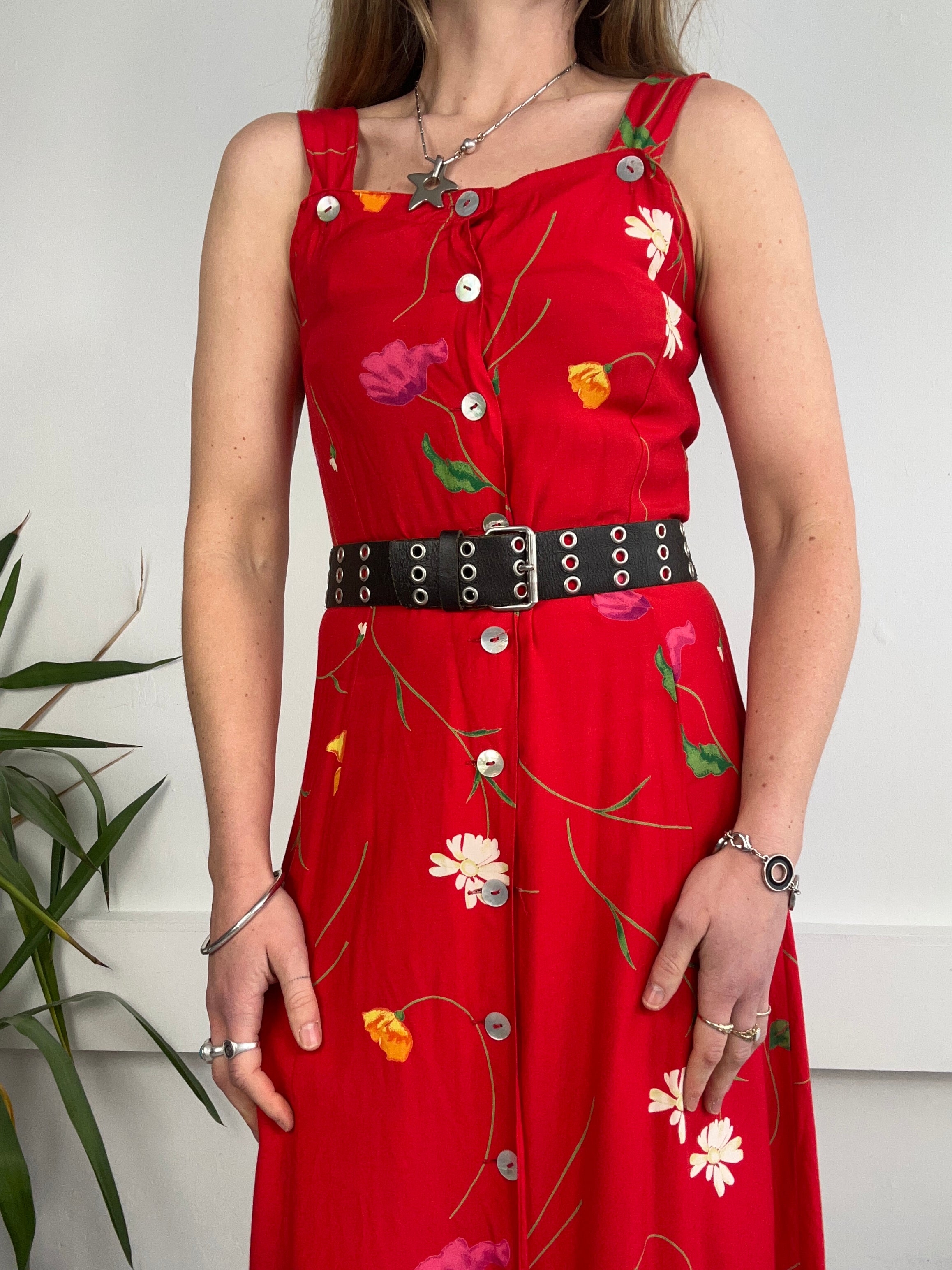 Red 90's Floral Midi Dress Size 8