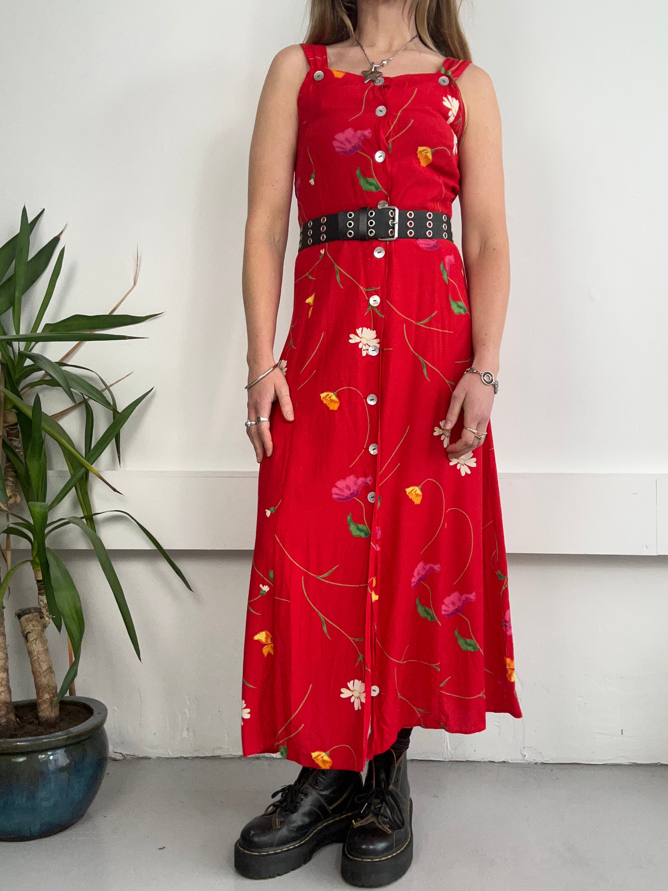 Red 90's Floral Midi Dress Size 8