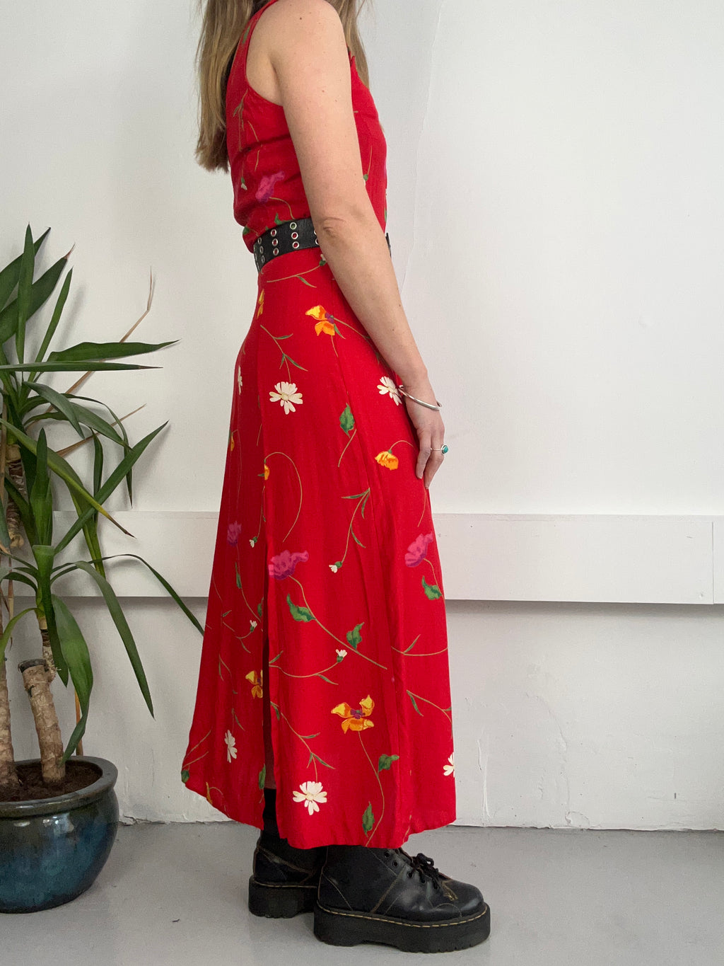 Red 90's Floral Midi Dress Size 8
